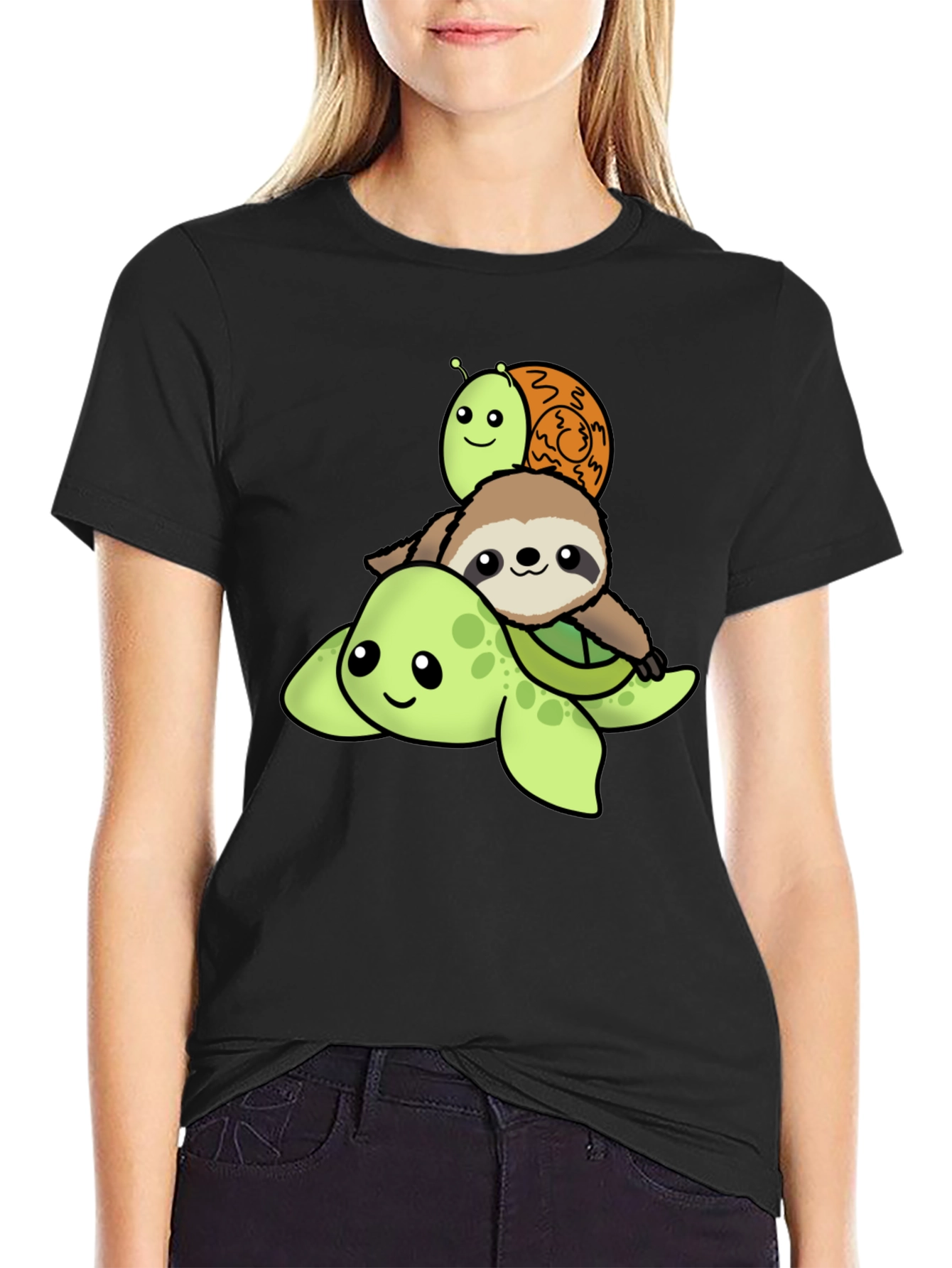 Black Turtle, Sloth, Snail Cartoon Stack T-Shirt view 2