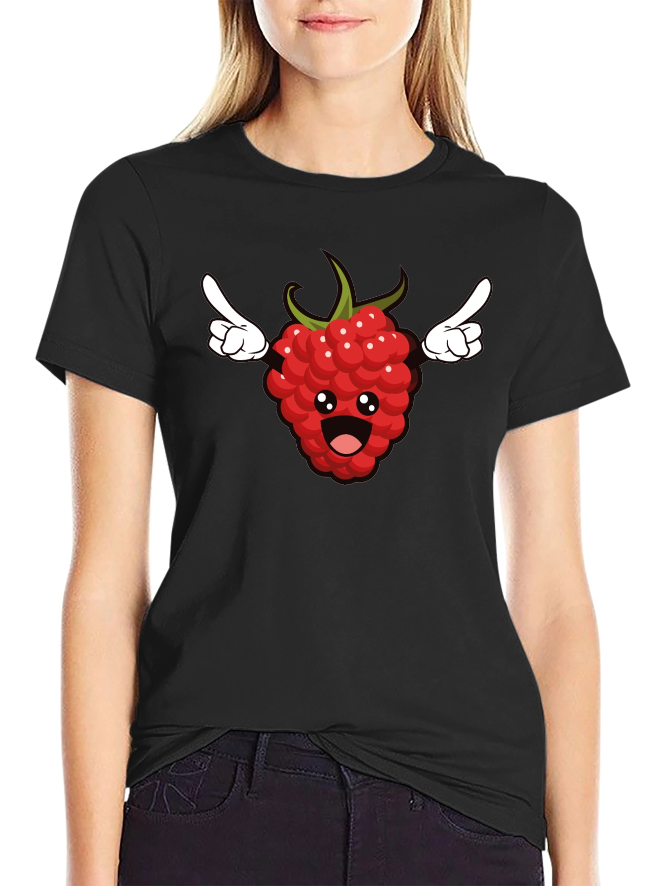 Black Funny Raspberry Cartoon Graphic T-Shirt - Black view 2