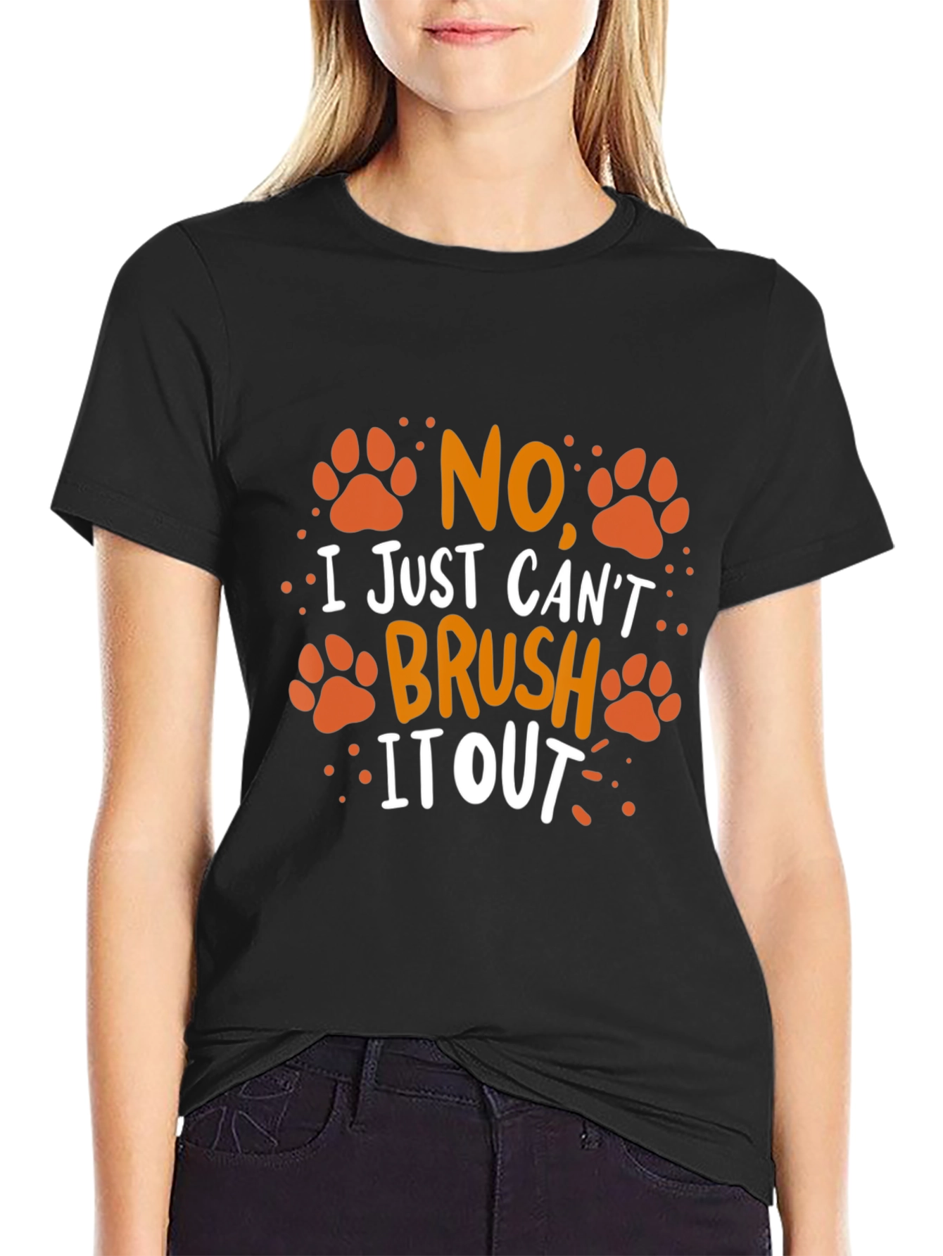 Black No Brush It Out Pet Paw Print T-Shirt view 2