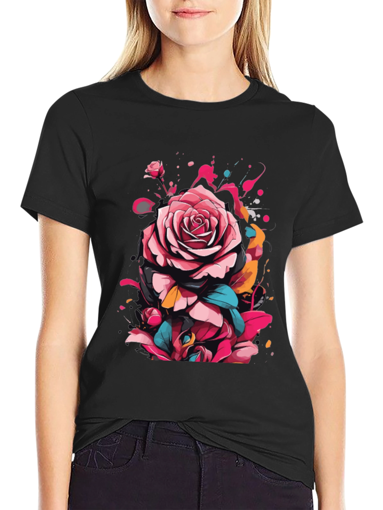 Black Floral Rose Graphic Tee - Abstract Art Shirt view 2