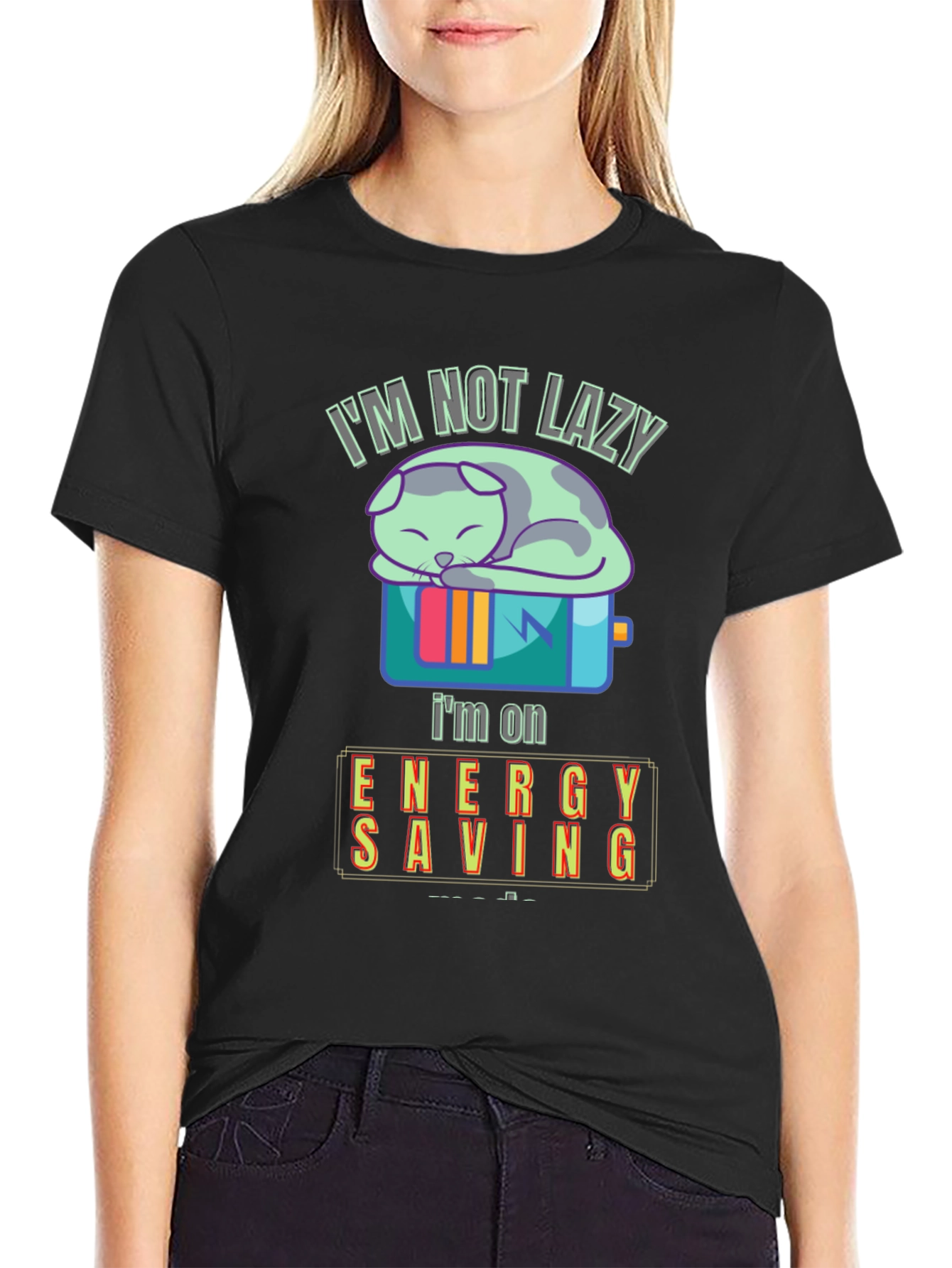 Black I'm Not Lazy, I'm on Energy Saving Funny Cat T-Shirt view 2