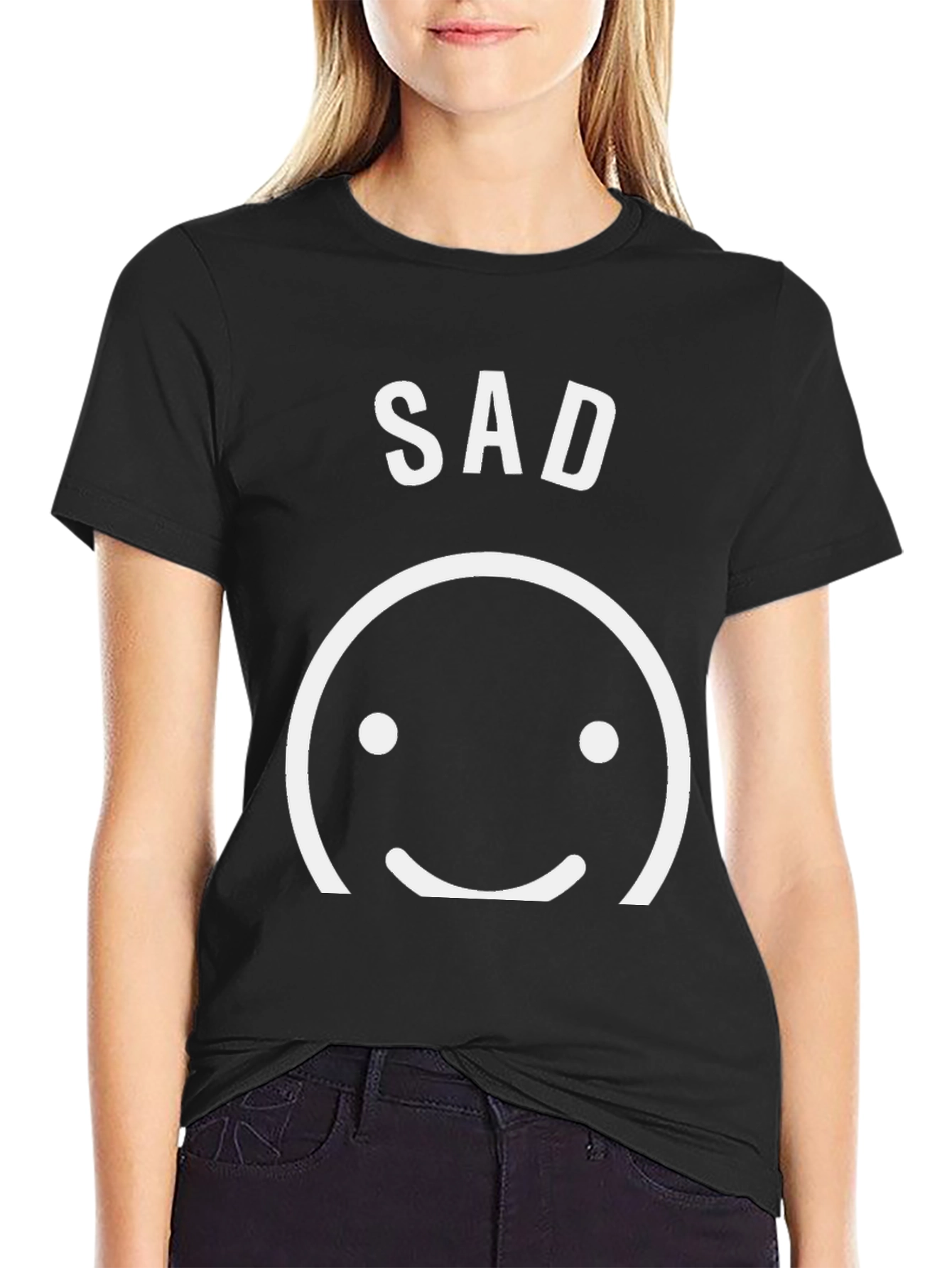 Black Sad Face Graphic Tee - Unisex Black Cotton T-Shirt view 2