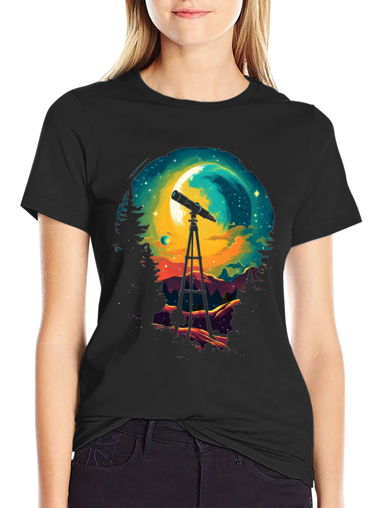 Black Astronomy Night Sky Telescope Graphic T-Shirt view 2