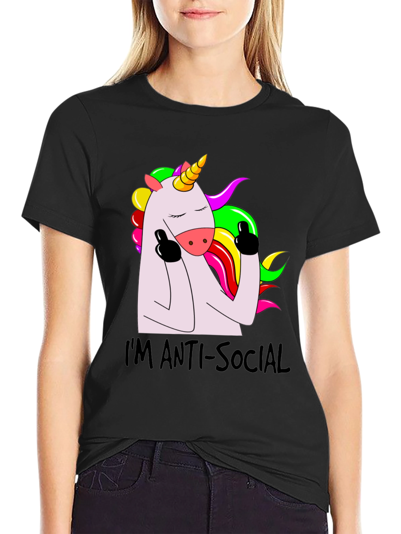 Black Anti-Social Unicorn Graphic Tee - Soft Black Cotton view 2