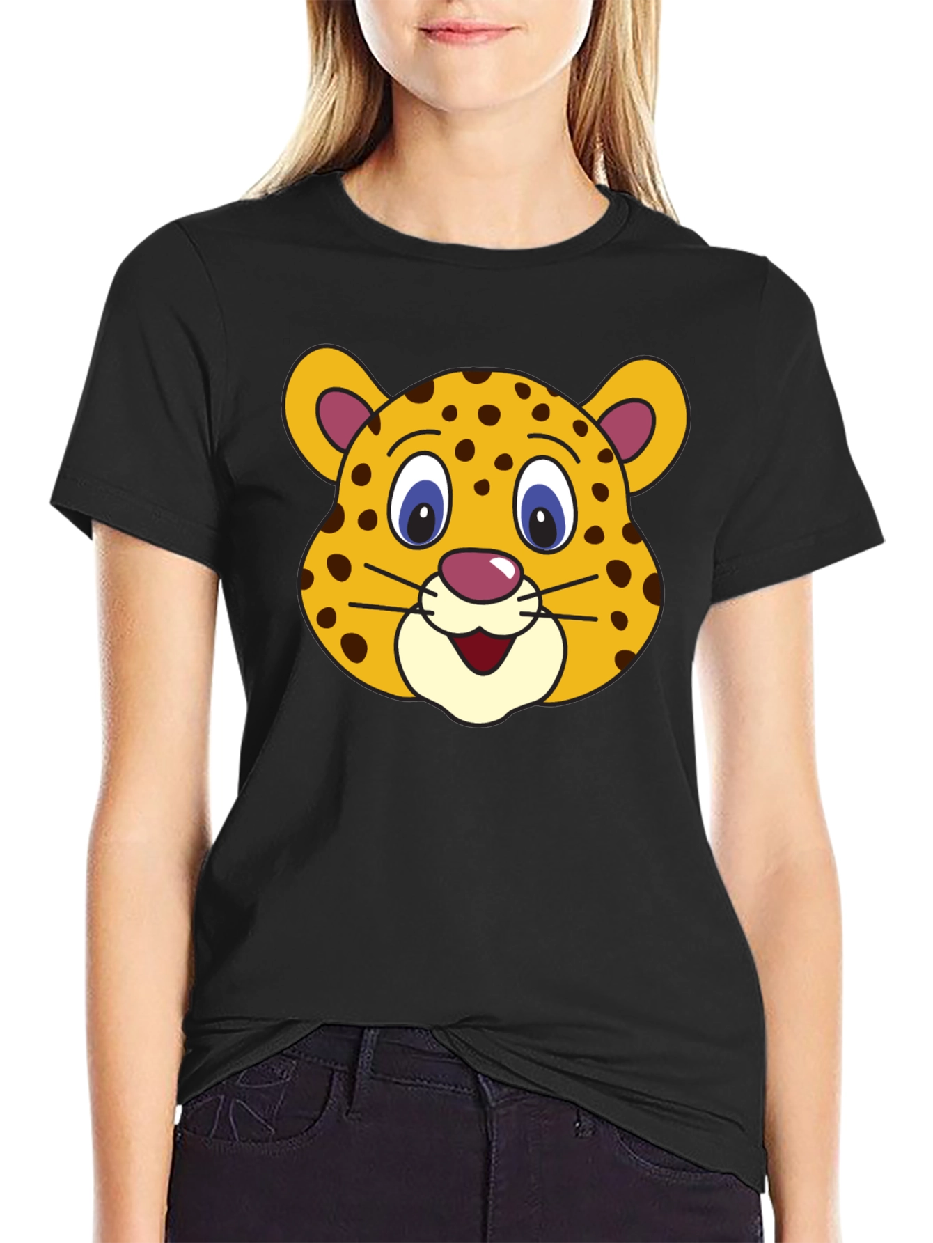 Black Cartoon Leopard Graphic Black T-Shirt view 2