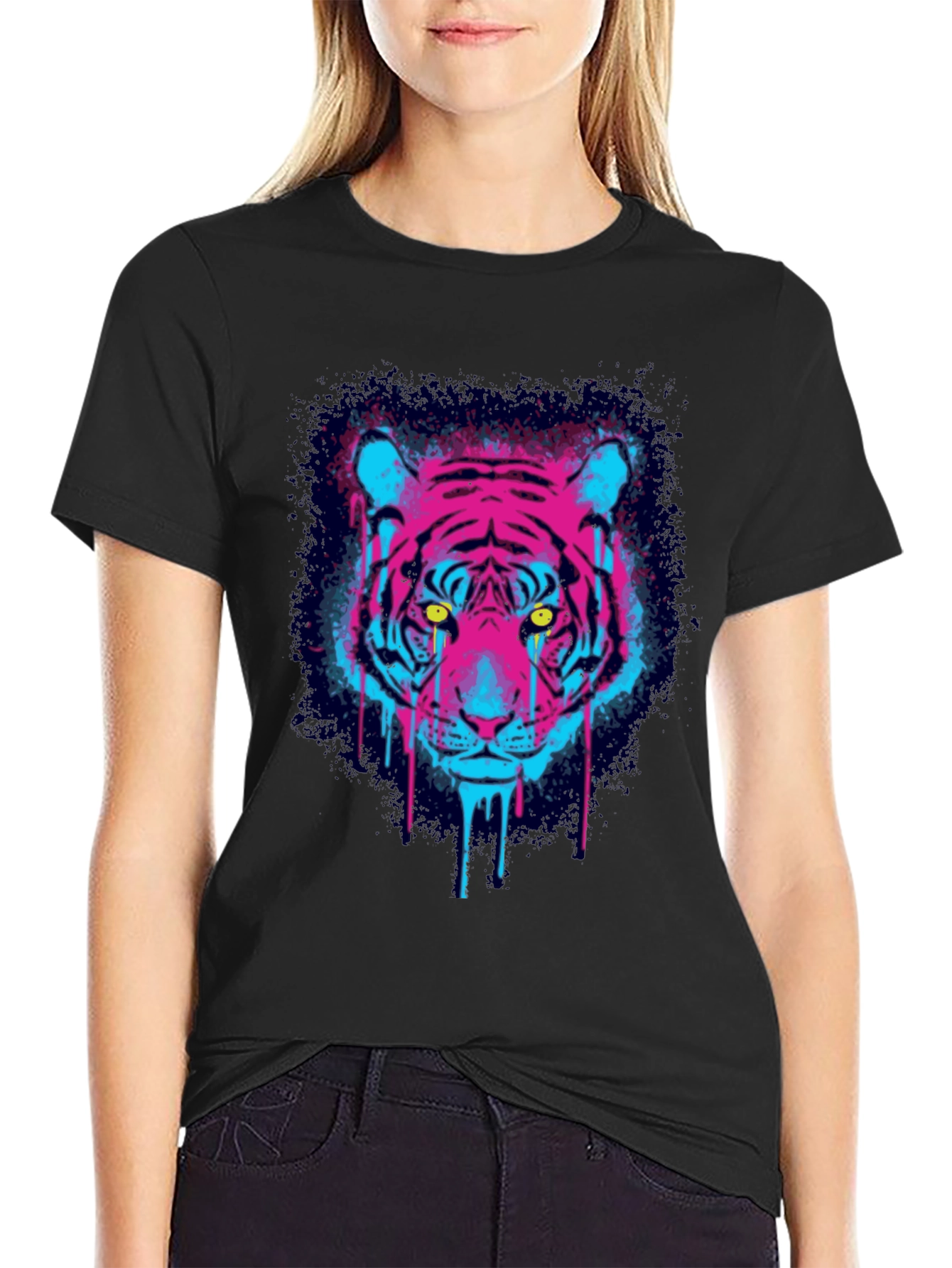 Black Neon Tiger Graphic Print T-Shirt view 2