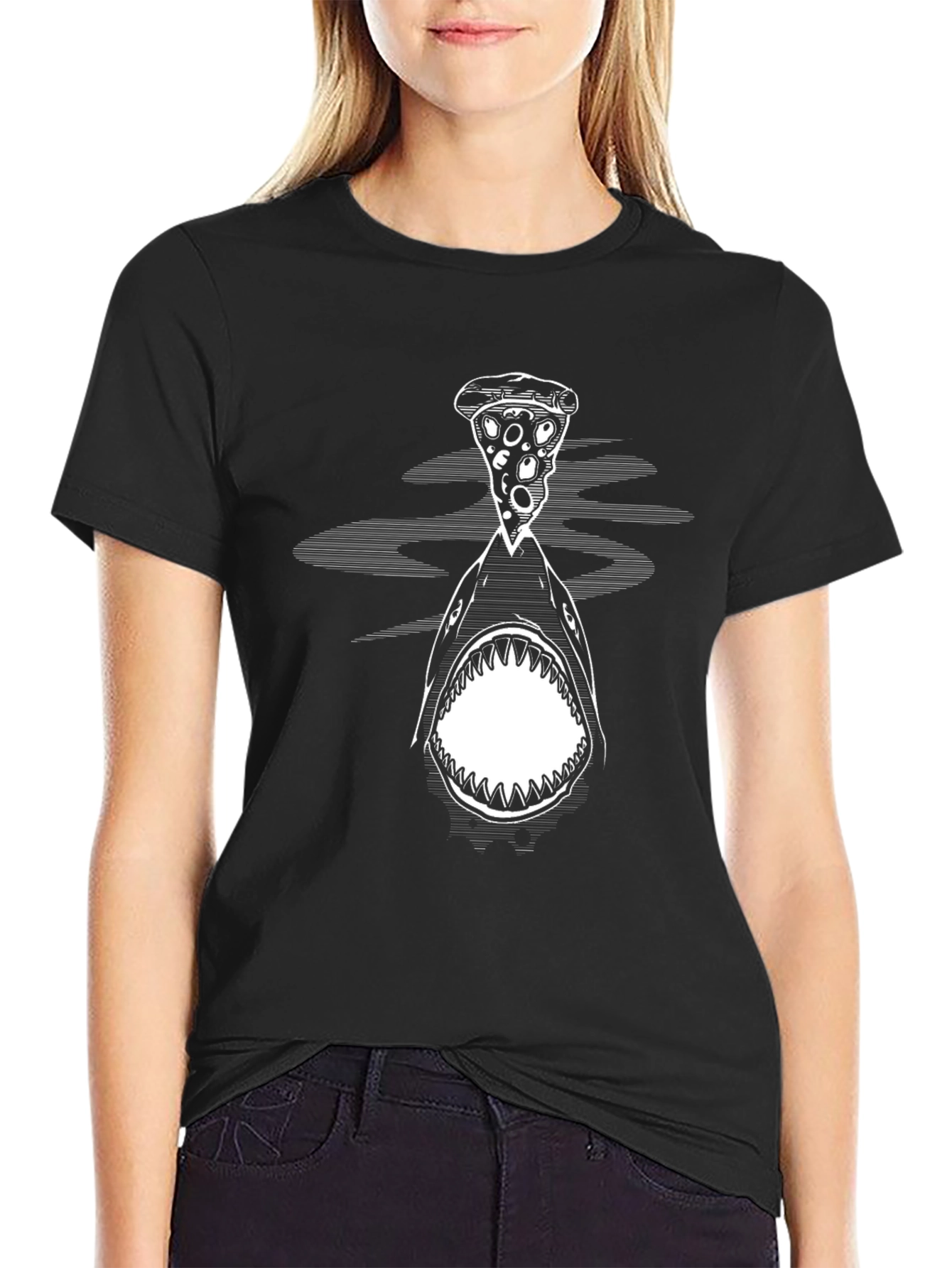 Black Pizza Shark Graphic Tee - Black Cotton T-Shirt view 2