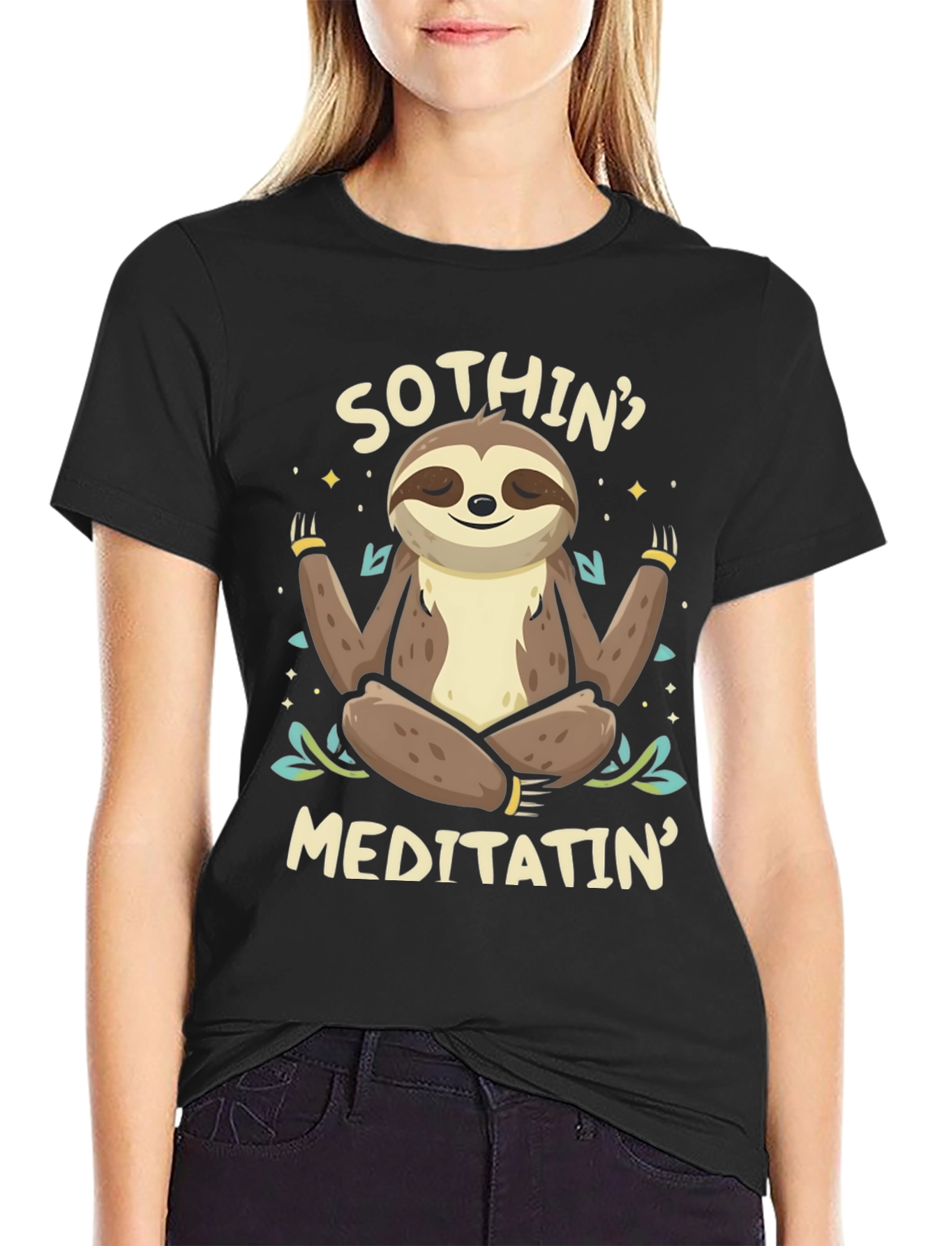 Black Men's "Sothin' Meditatin'" Sloth Graphic T-Shirt view 2