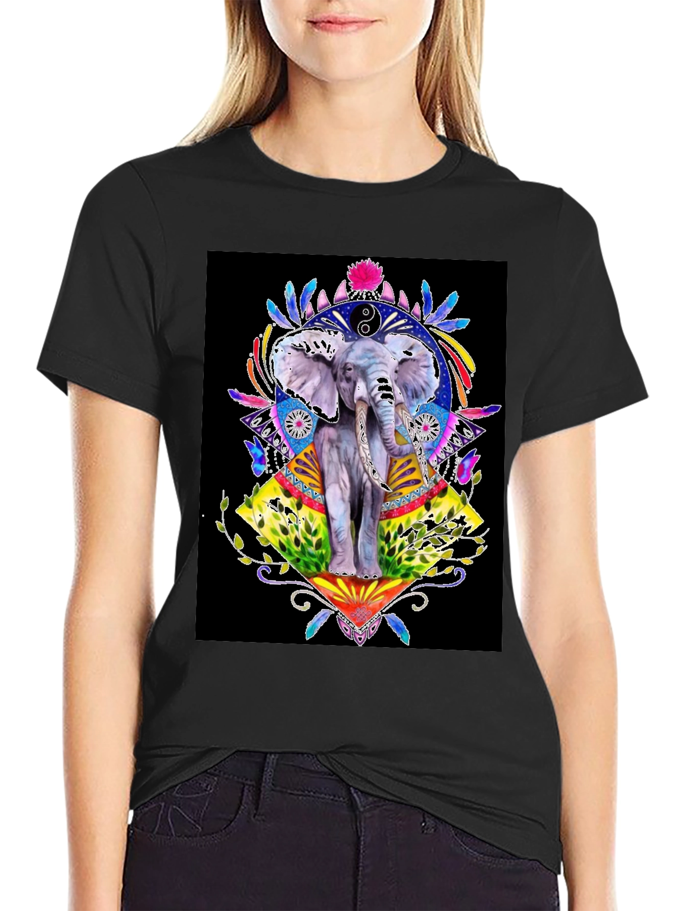Black Elephant Art Graphic T-Shirt - Unisex Black Tee view 2