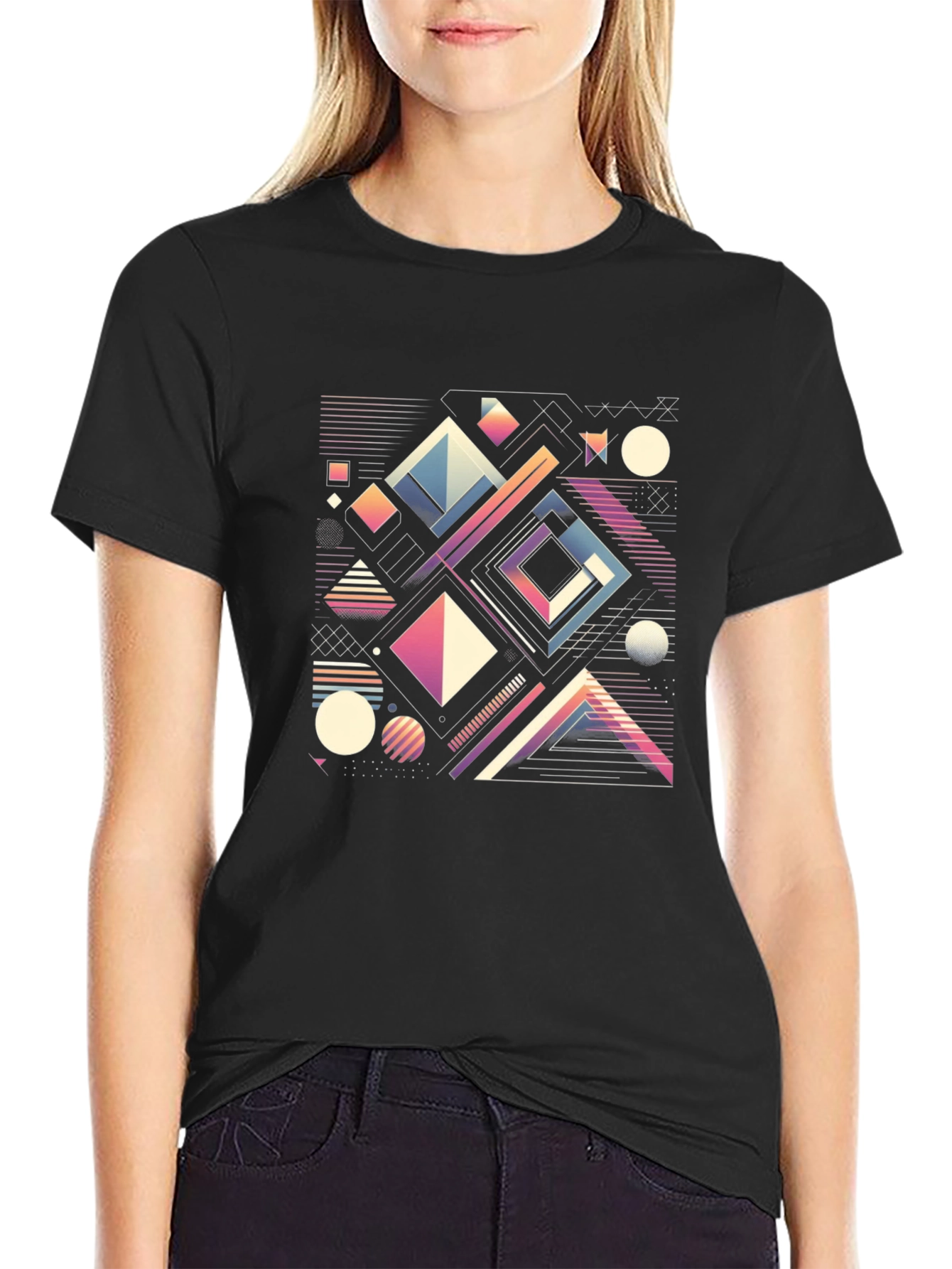 Black Geometric Pattern T-Shirt - Retro Modern Style view 2