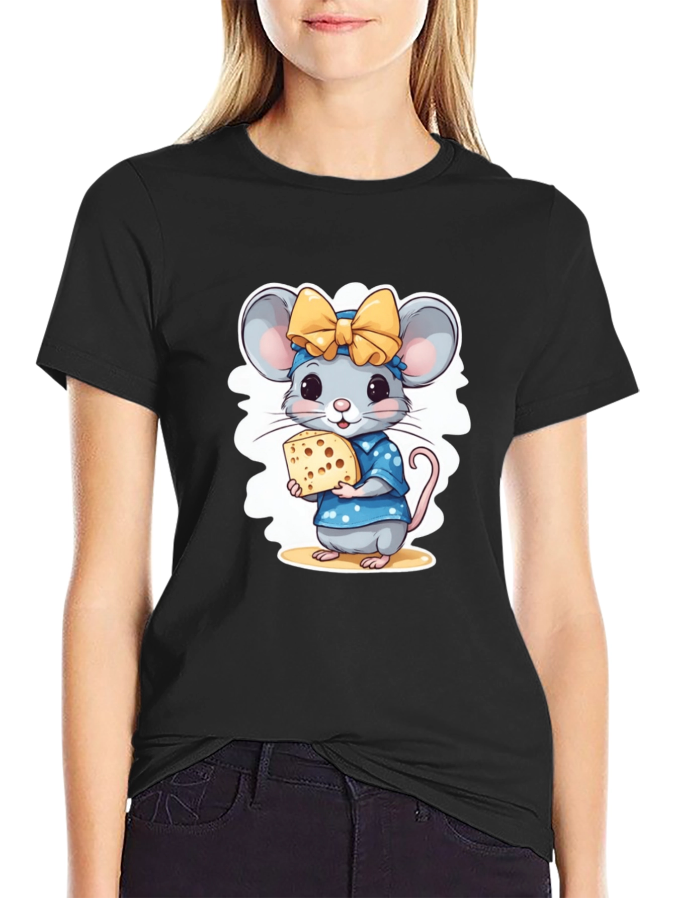 Black Cute Cartoon Mouse Cheese Lover T-Shirt view 2