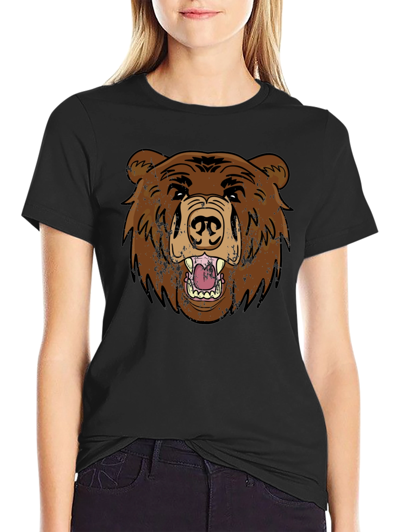 Black Grizzly Bear Graphic Tee - Black Cotton T-Shirt view 2