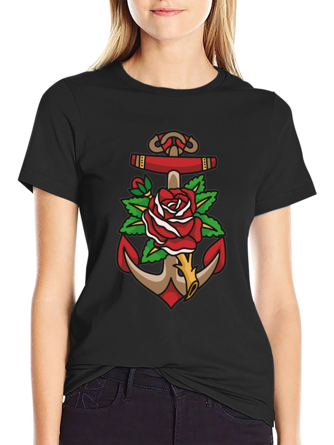 Black Anchor & Rose Graphic Tee - Bold Nautical Design view 2