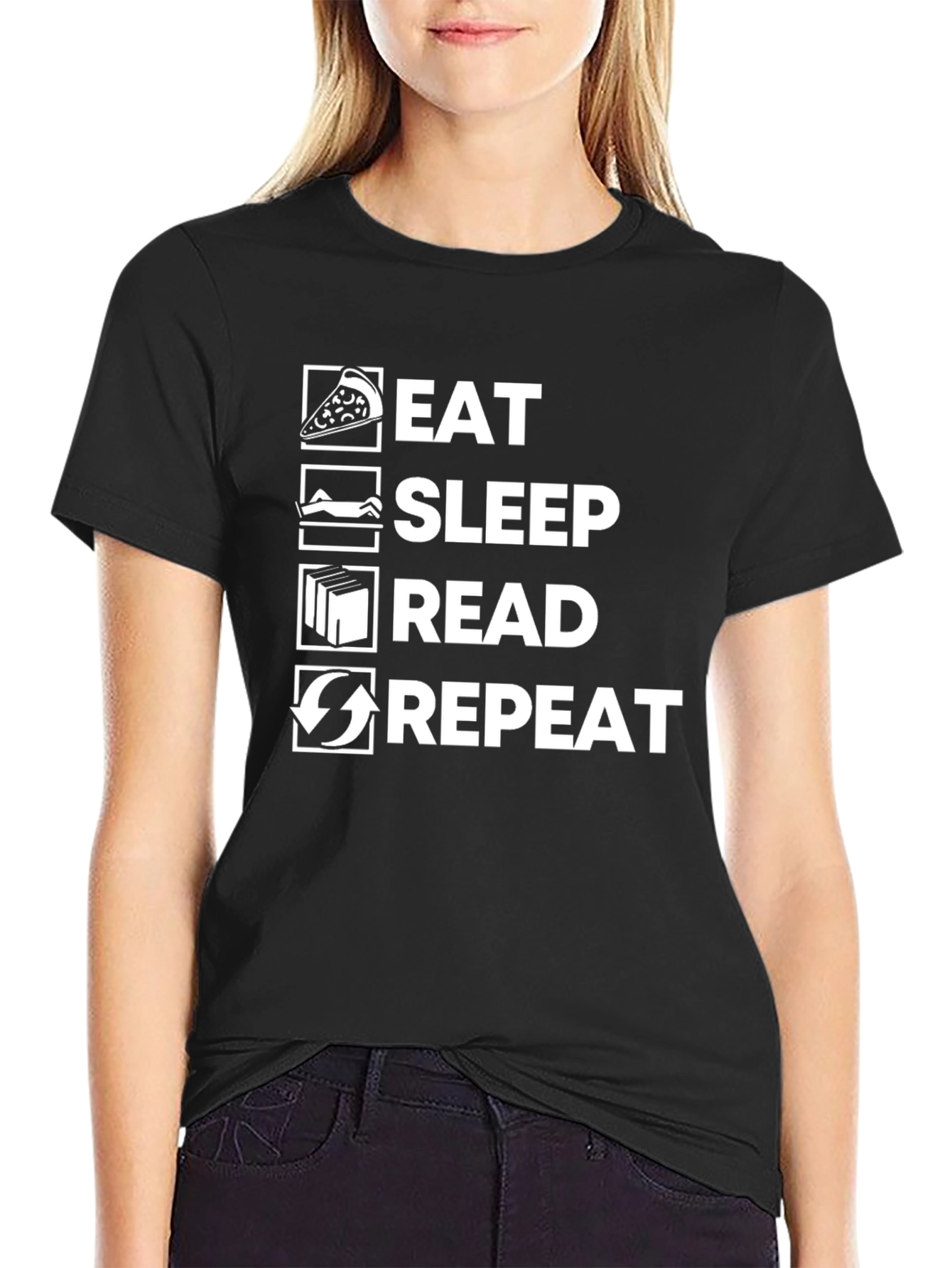 Black Eat Sleep Read Repeat Funny T-Shirt view 2