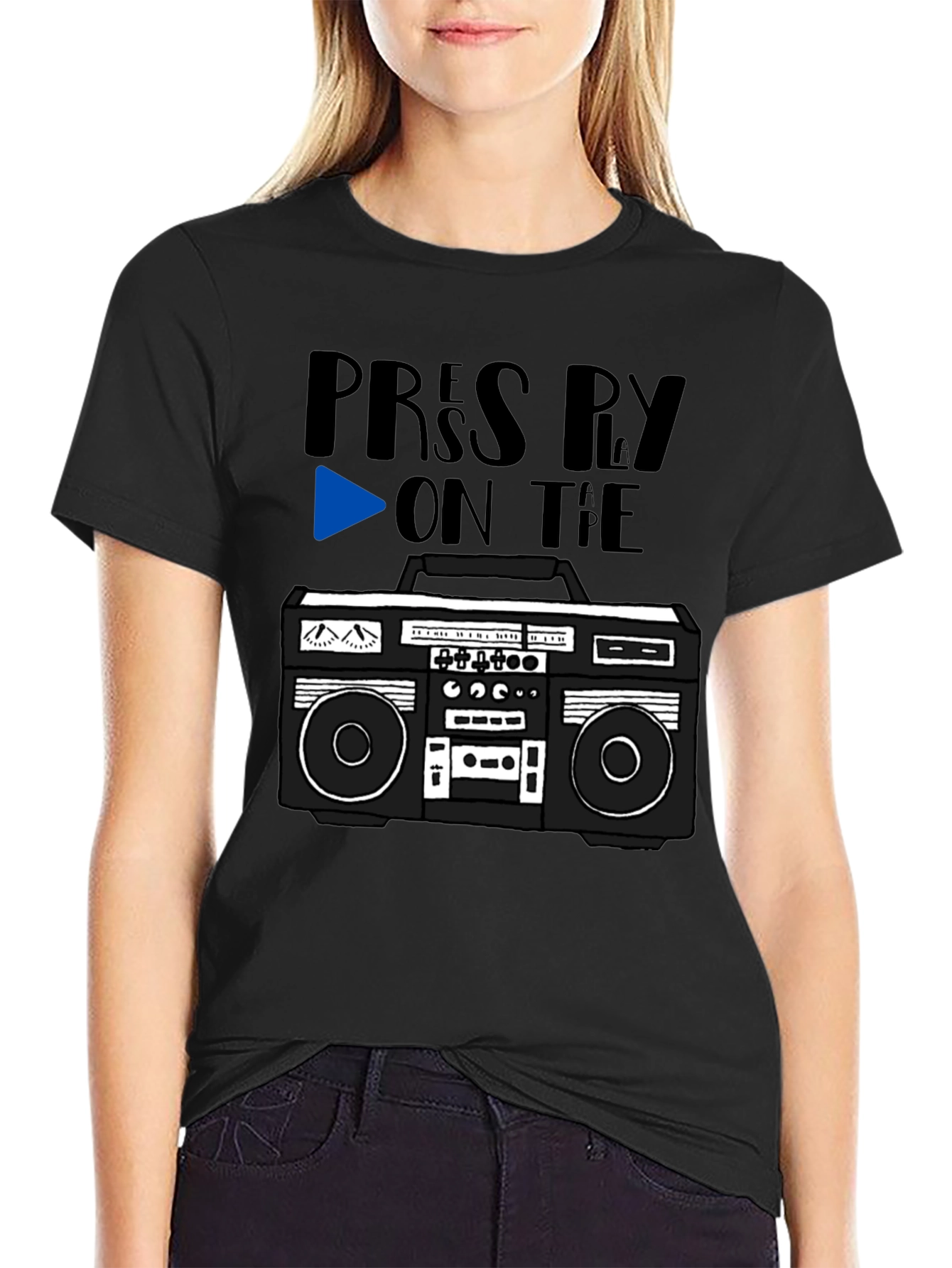 Black Retro Boombox Tee - Press Play On the Tape! view 2
