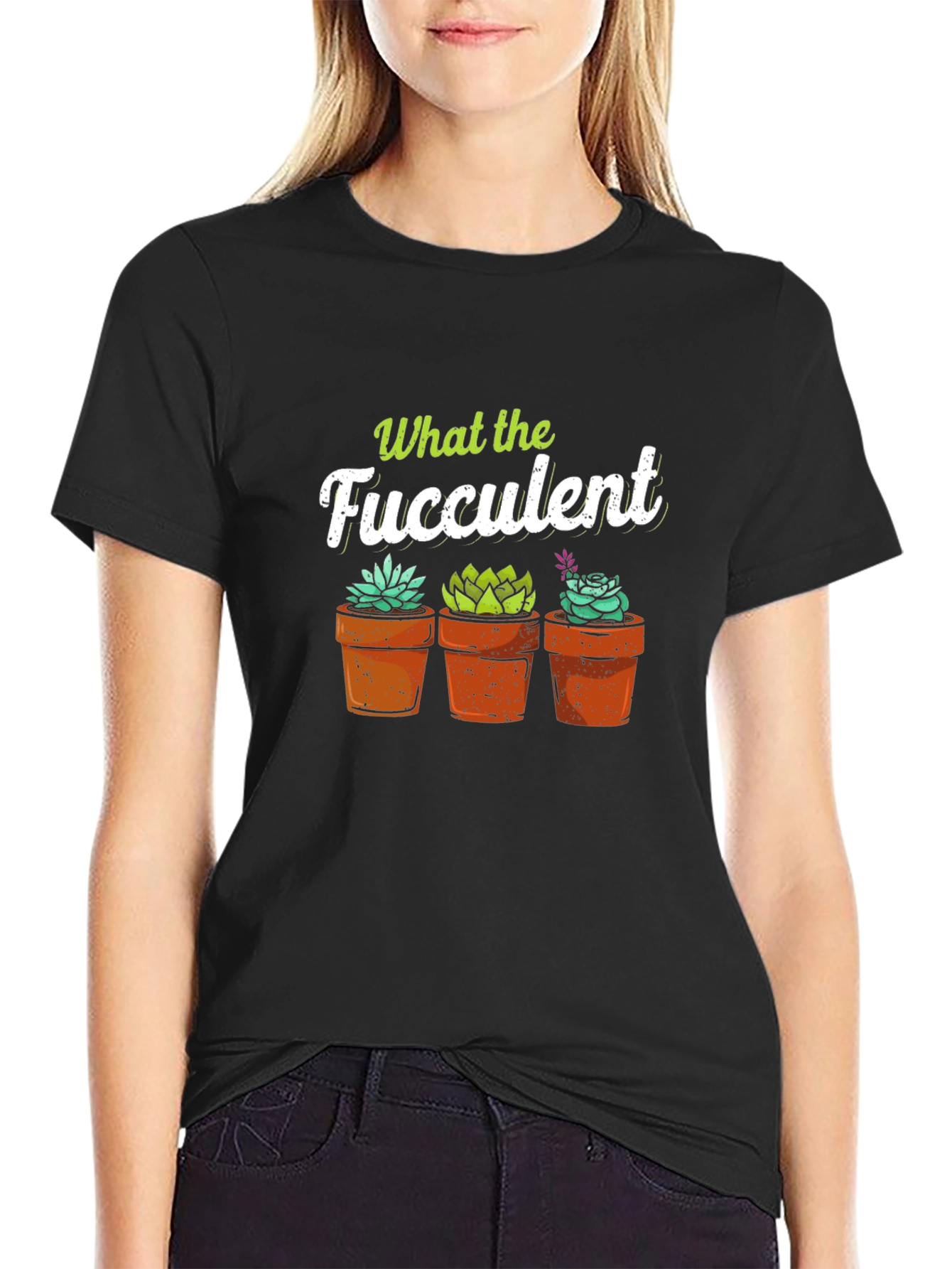Black What the Fucculent T-Shirt - Potted Succulents view 2
