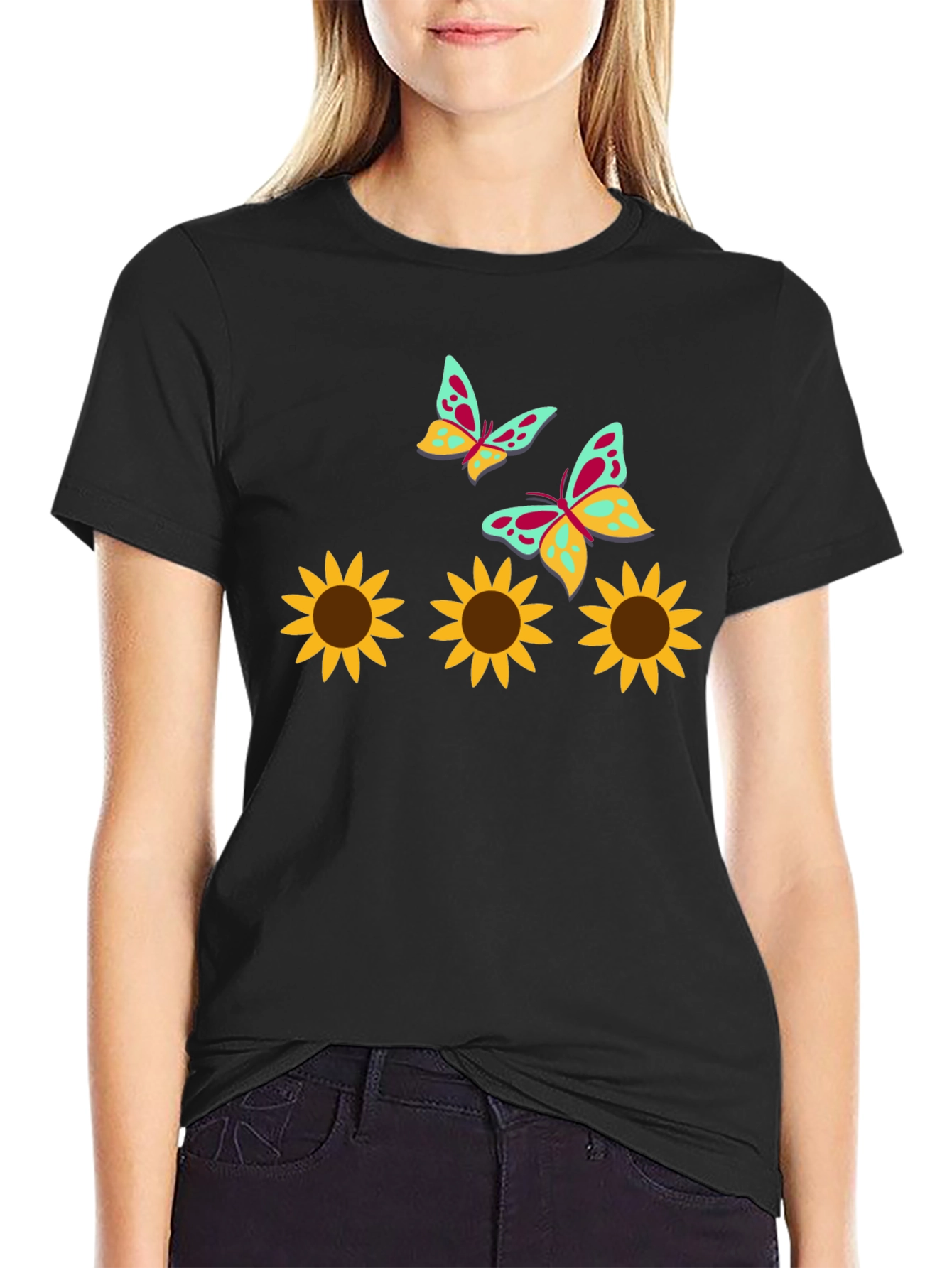 Black Sunflower and Butterfly Graphic Tee view 2