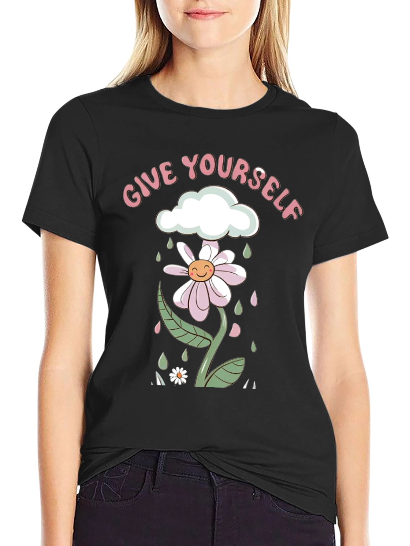 Black Give Yourself Flower Tee - Black Graphic Print Shirt view 2