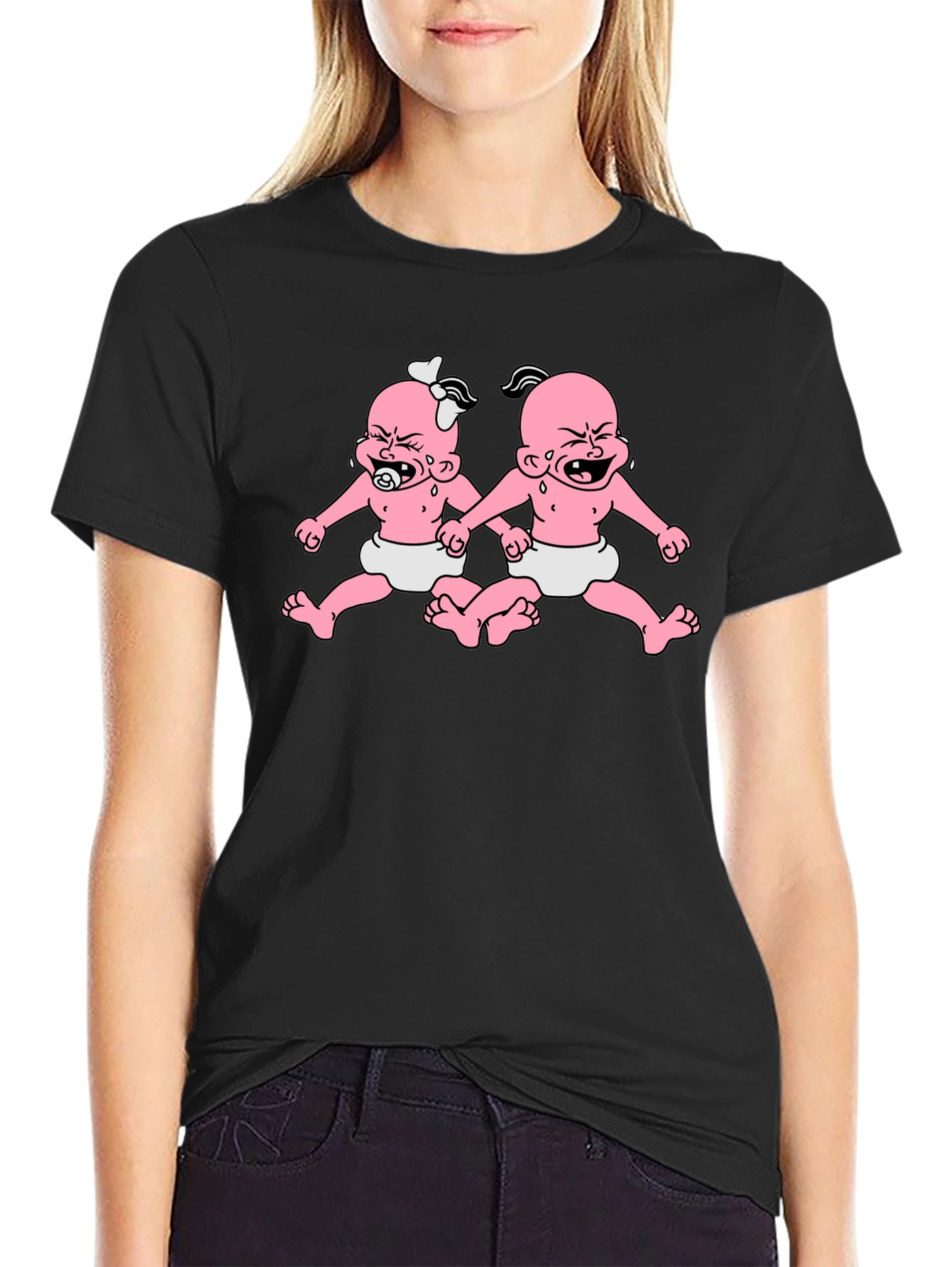 Black Funny Twin Babies Graphic Tee - Black view 2