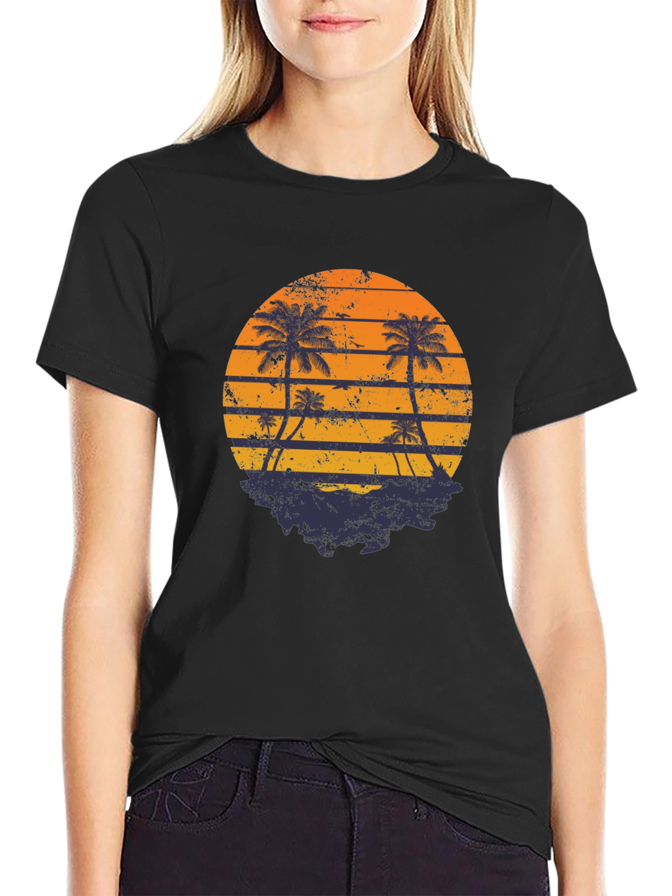 Black Retro Sunset Palm Tree Graphic T-Shirt view 2