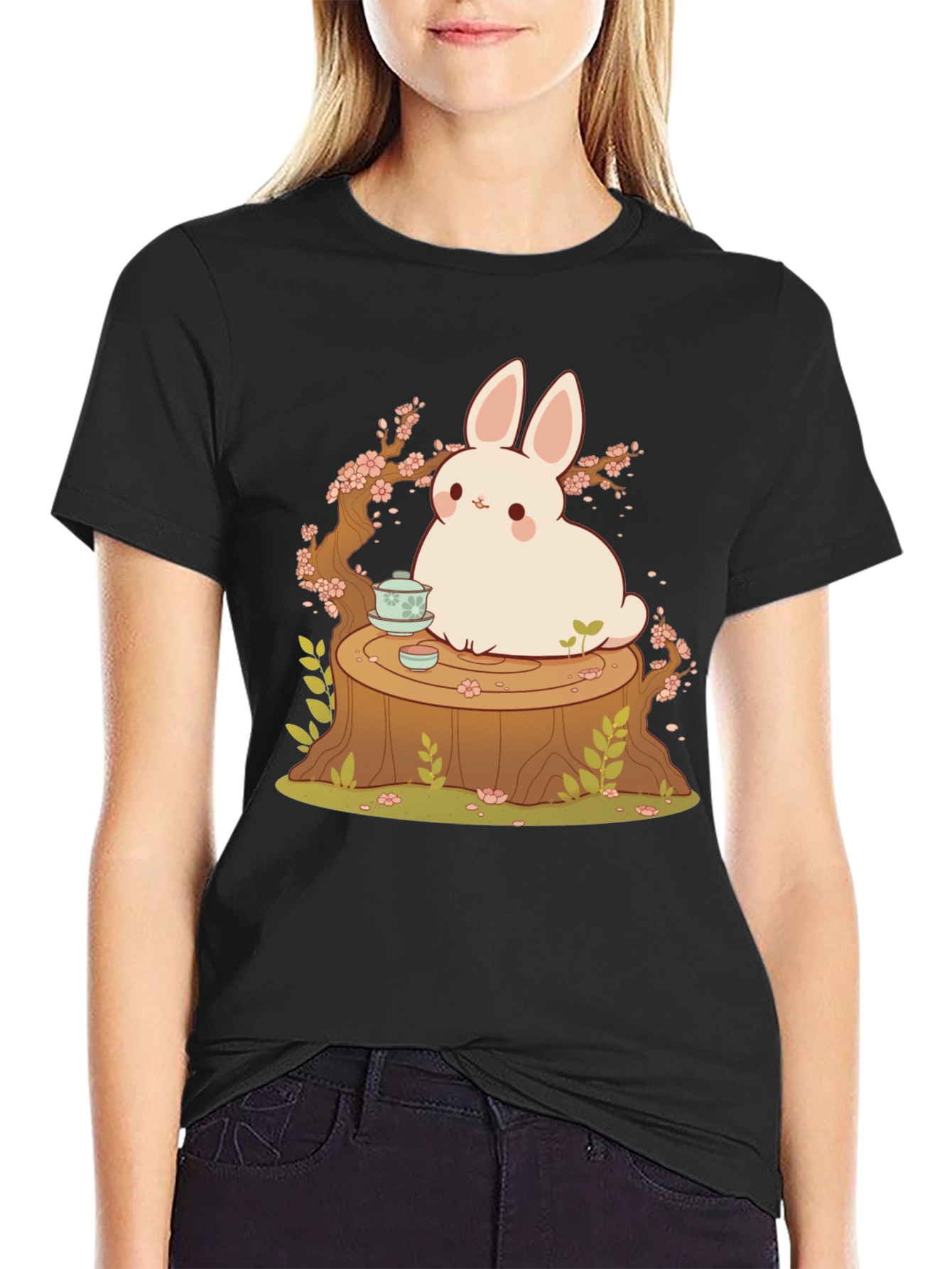 Black Cute Bunny and Tea Tree Stump Black T-Shirt view 2