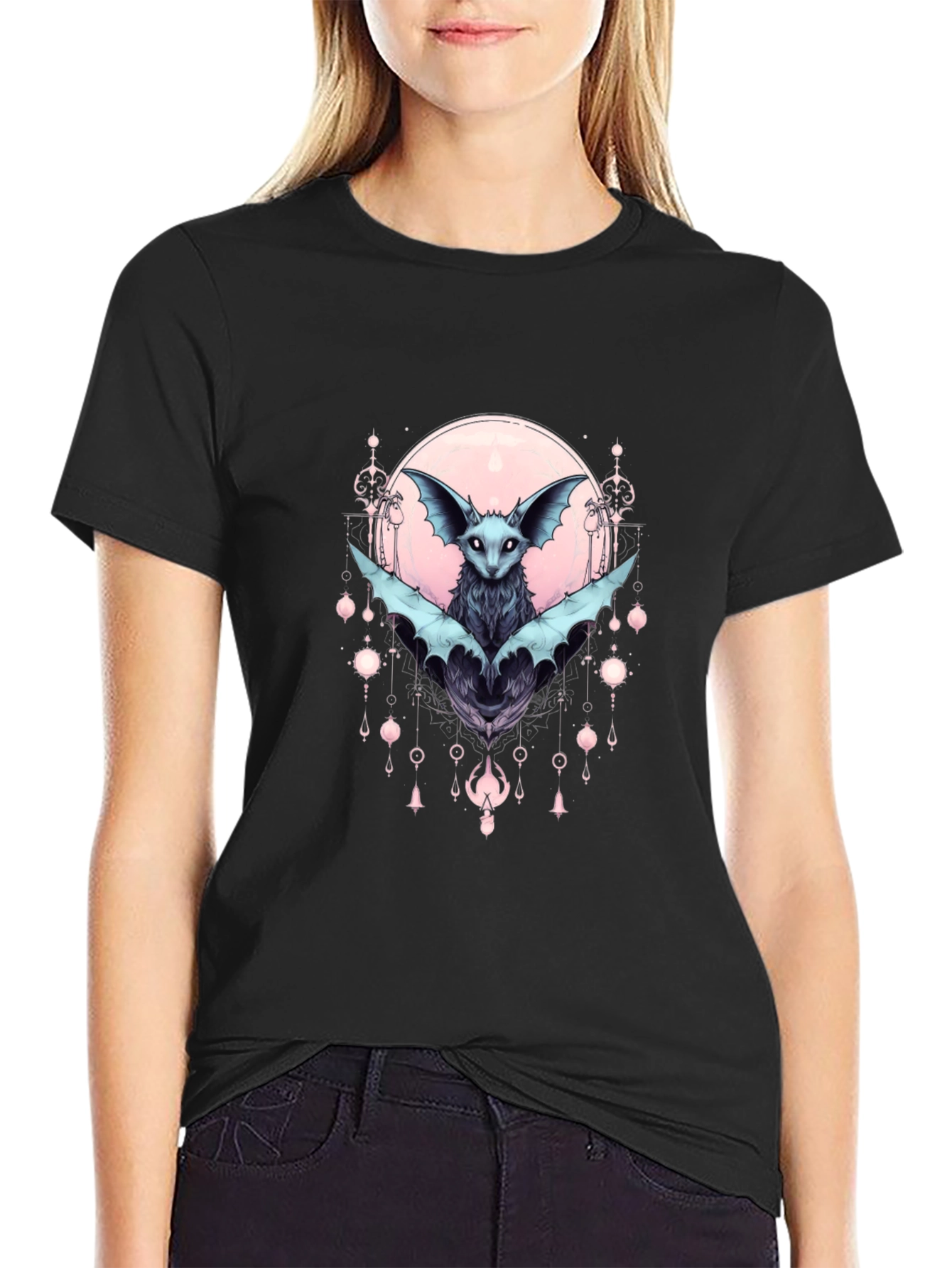 Black Gothic Bat Graphic Tee - Black Cotton T-Shirt view 2