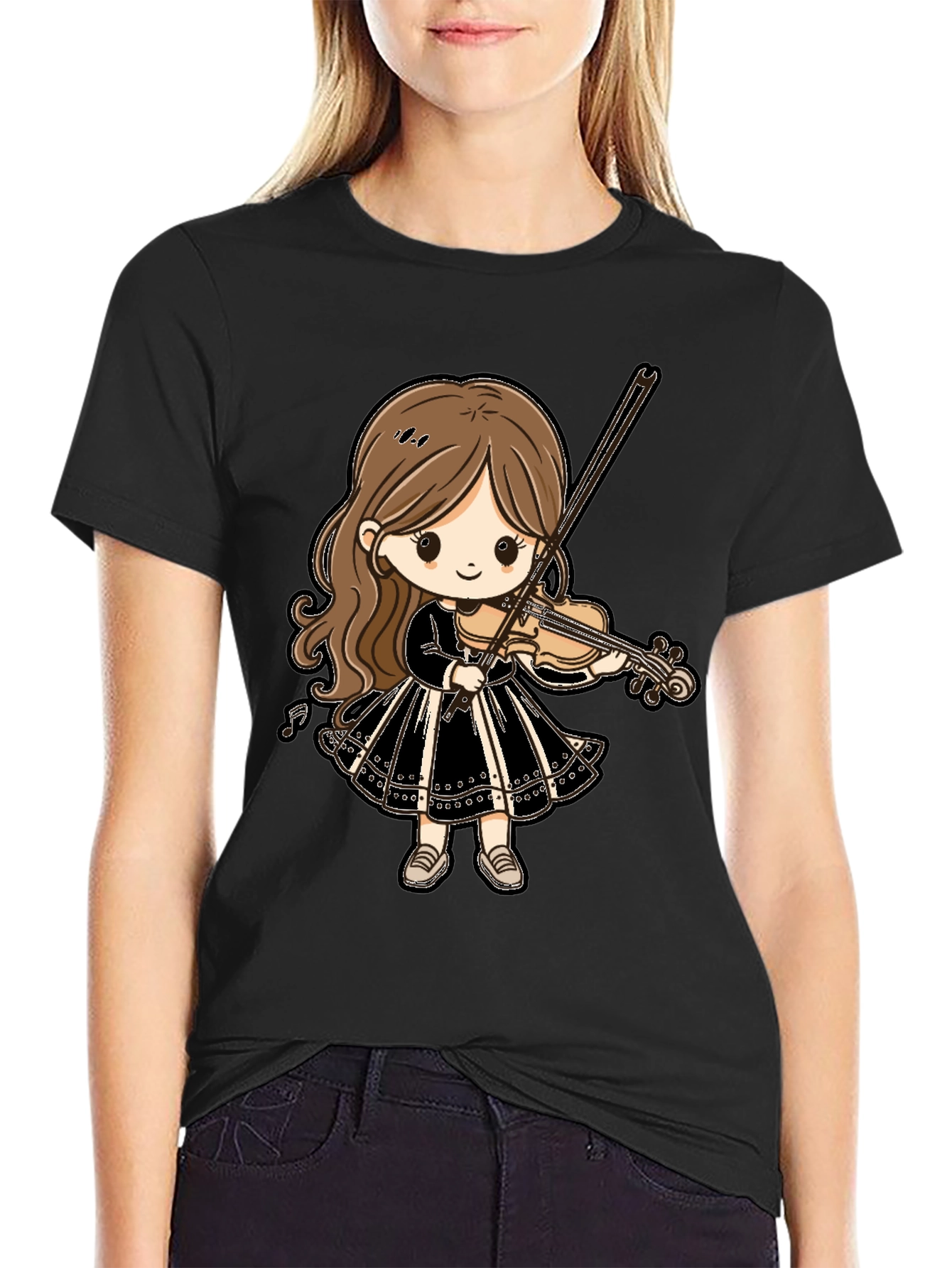 Black Cute Violin Girl Graphic Tee - Black Cotton T-Shirt view 2