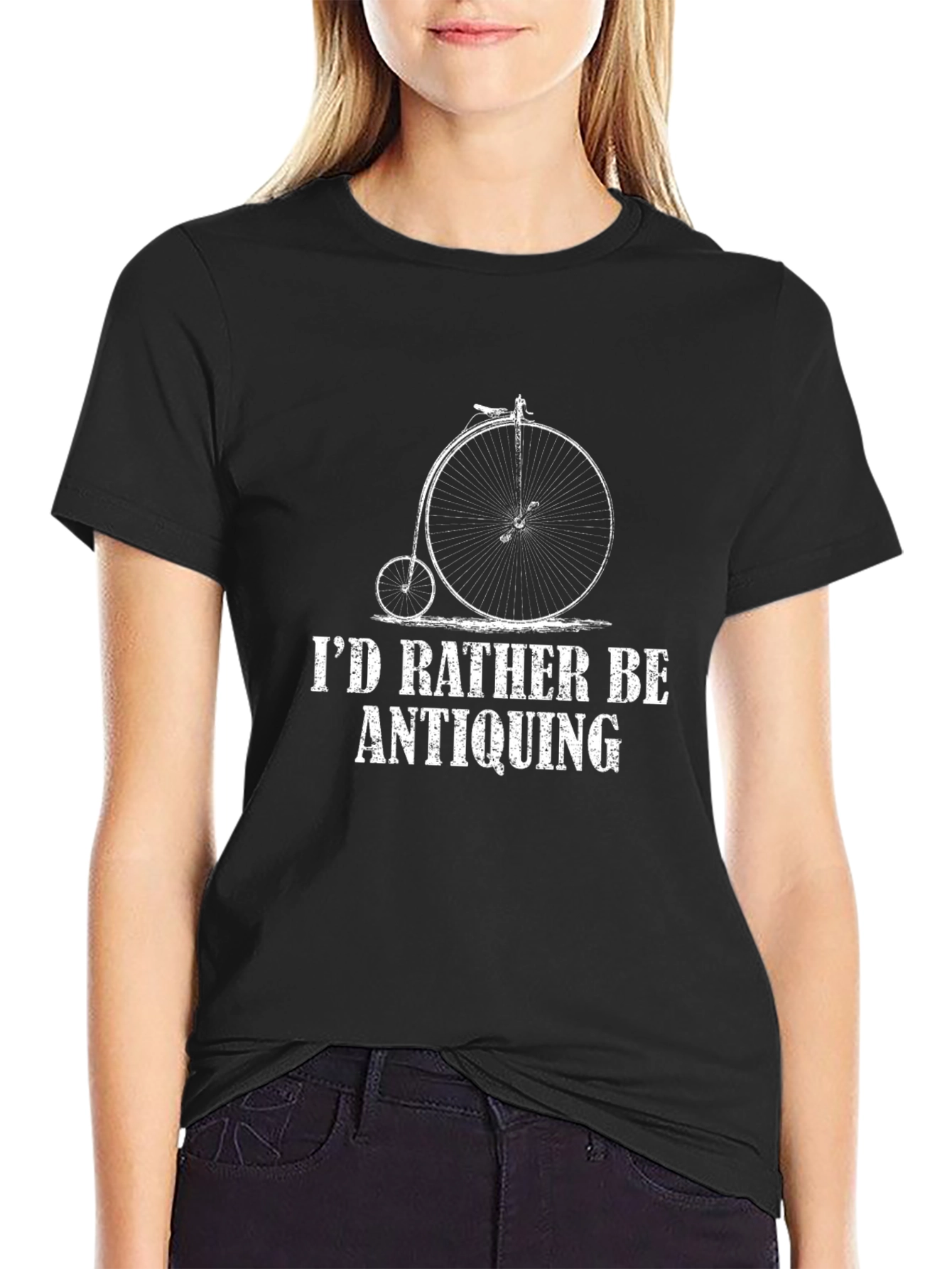 Black Antiquing T-Shirt - Penny Farthing Bicycle Black Cotton Tee view 2