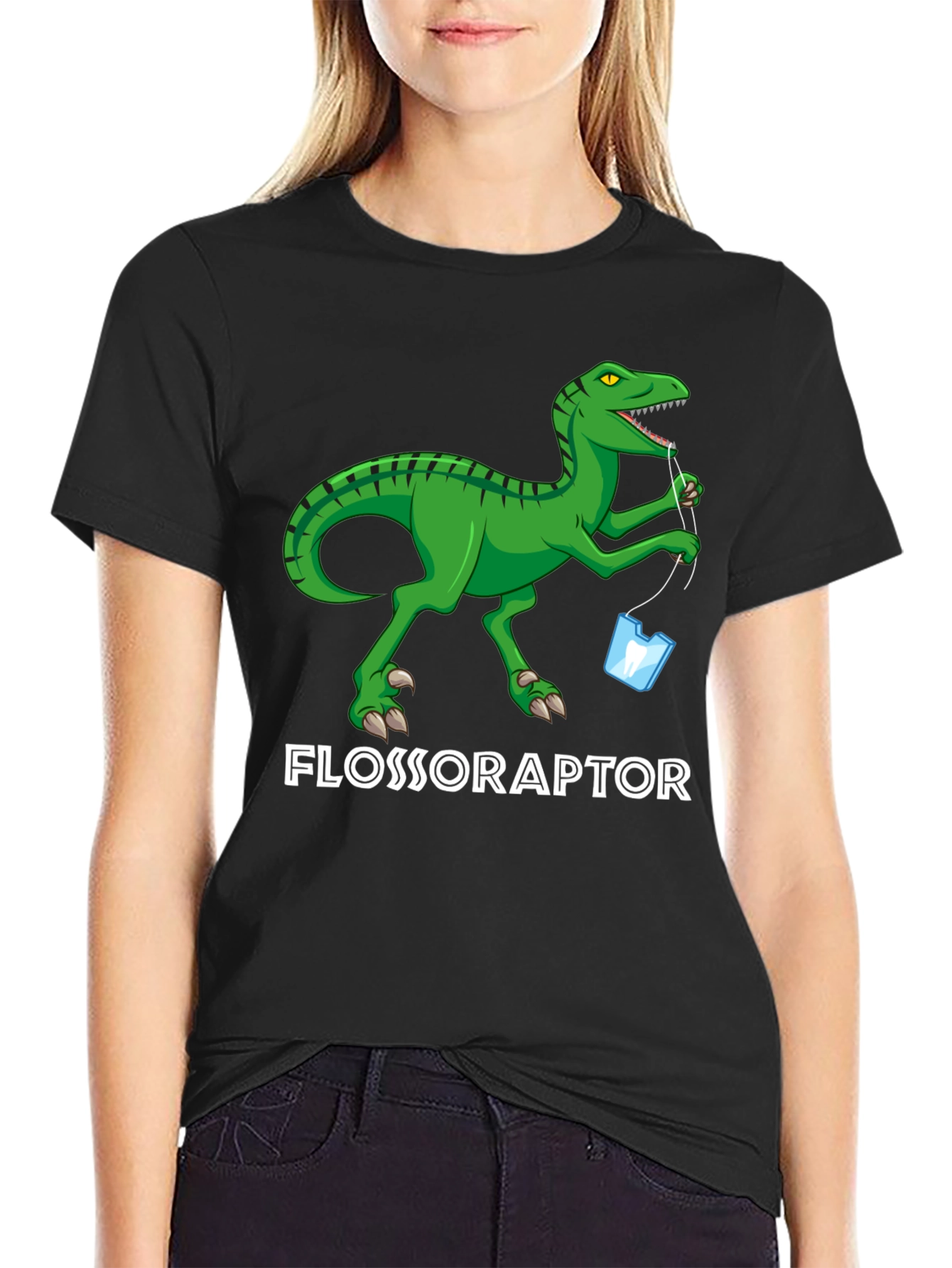 Black Flossoraptor T-Shirt - Dental Hygiene Dinosaur Tee view 2