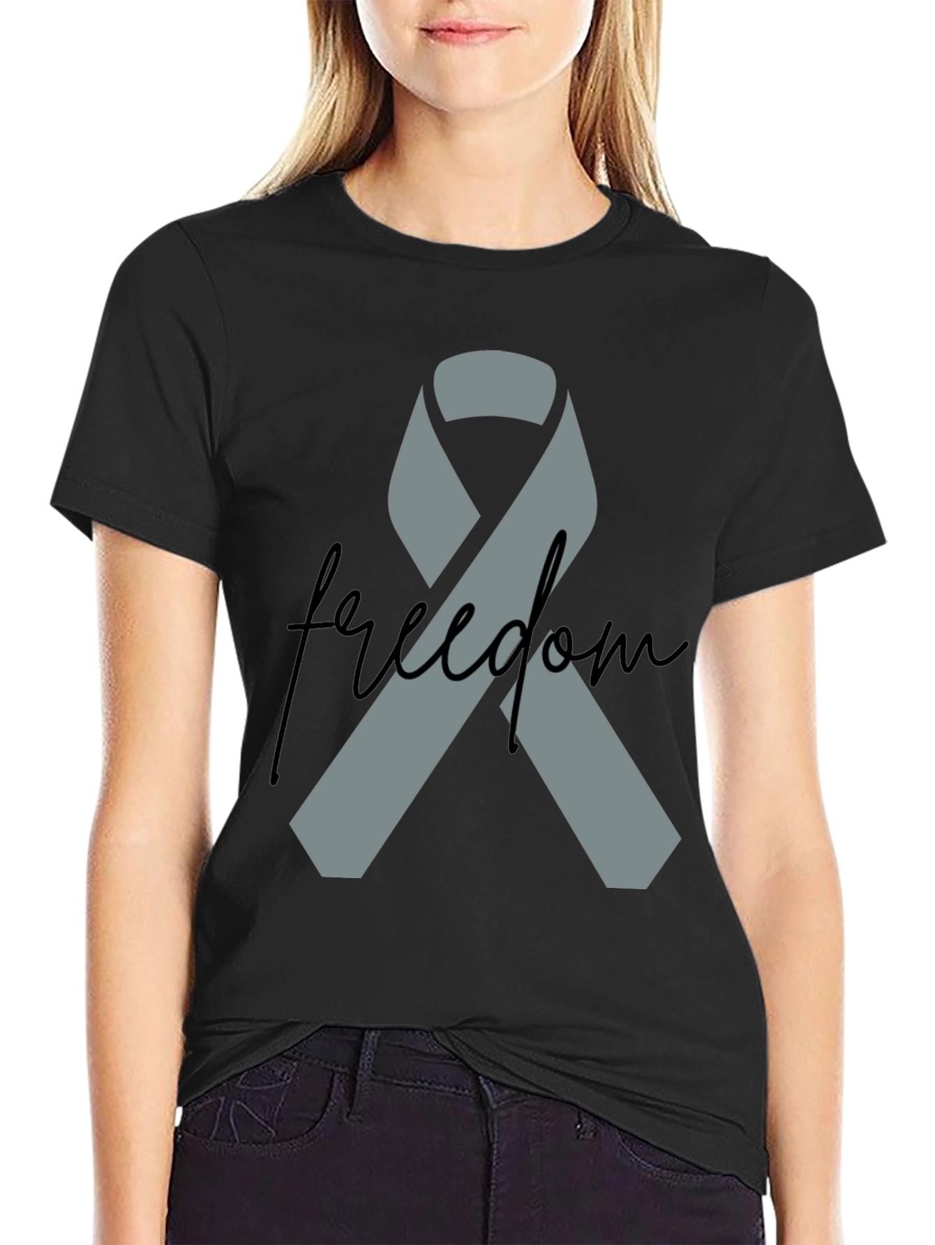 Freedom Ribbon T-Shirt - Grey Ribbon on Black - 2