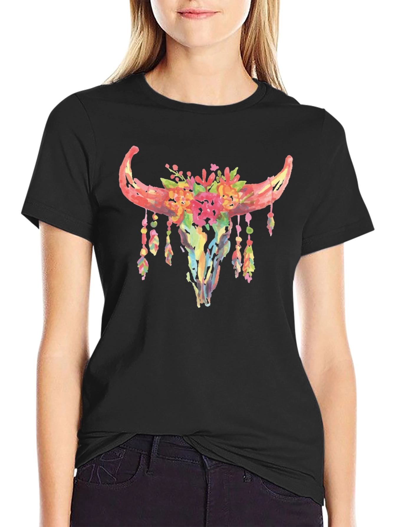 Black Floral Bull Skull Graphic T-Shirt view 2