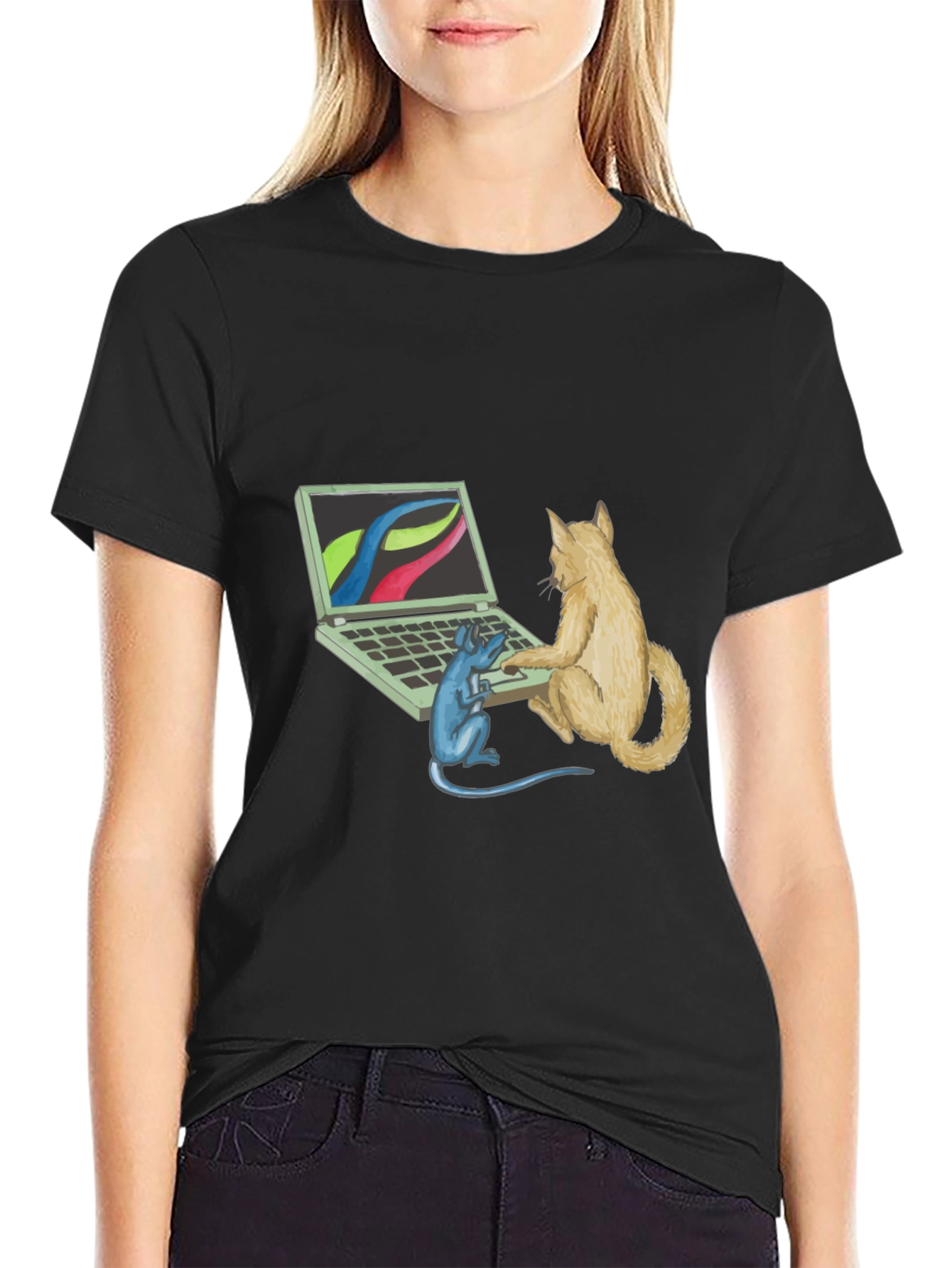 Black Cat & Mouse Computer Black T-Shirt view 2