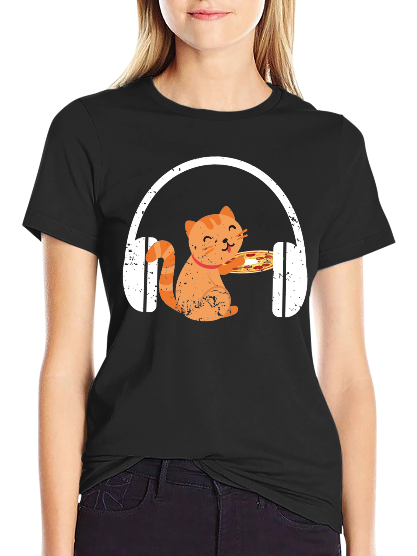 Black Cat Pizza DJ T-Shirt - Music Lover Apparel view 2