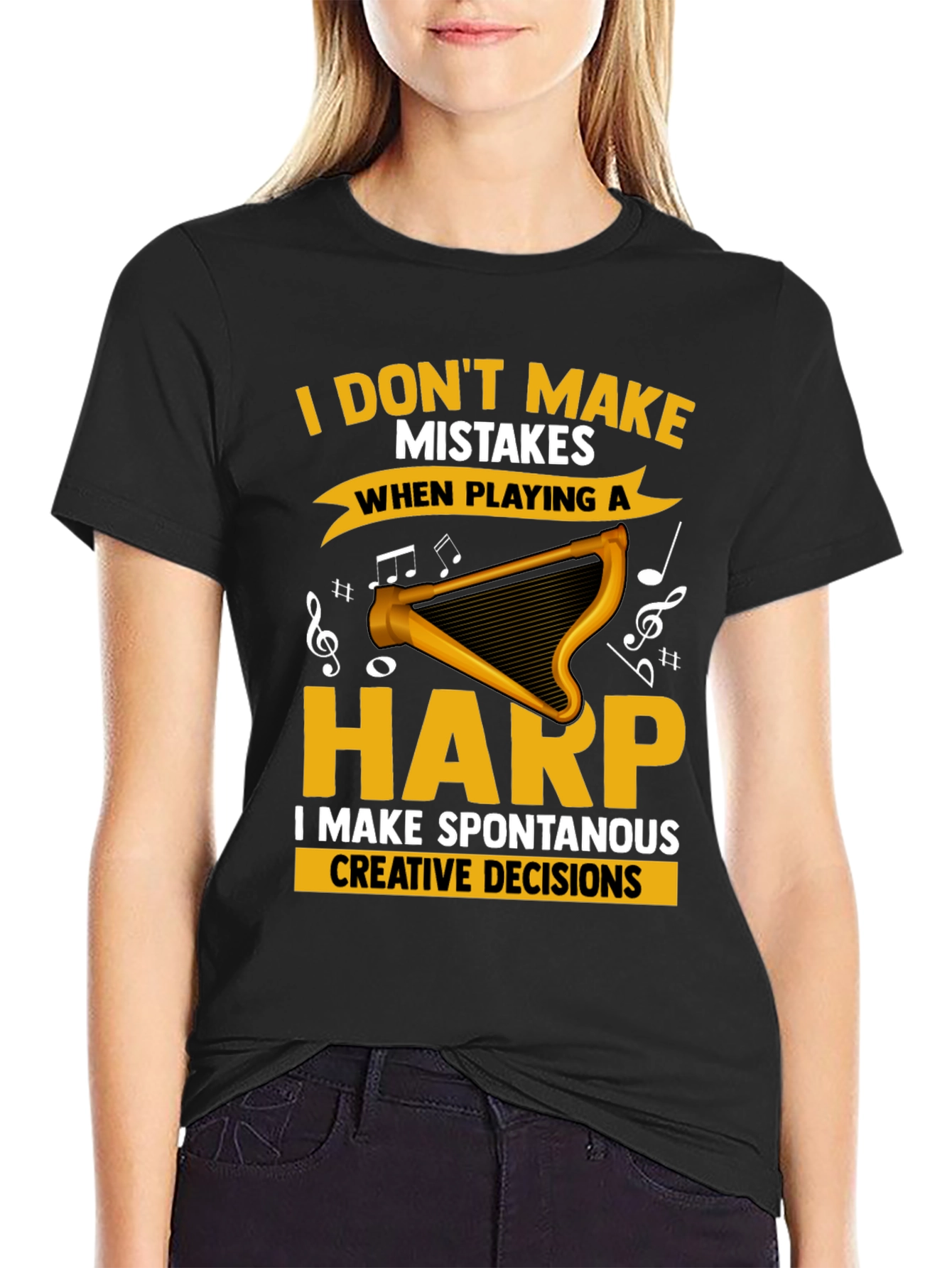 Black Funny Harp Player T-Shirt - No Mistakes, Creative Decisions view 2