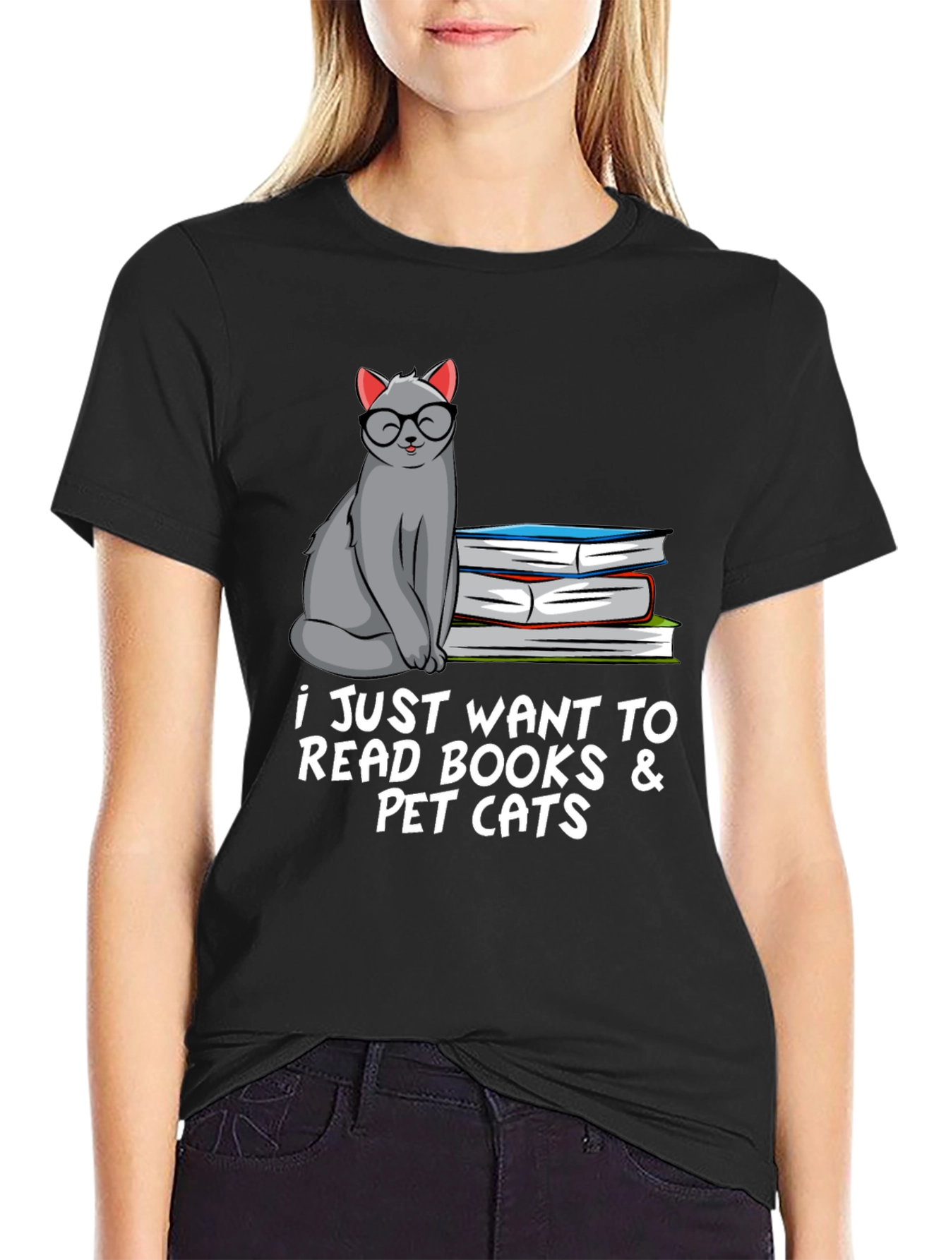 Black Bookish Cat Lover T-Shirt: Read Books & Pet Cats view 2