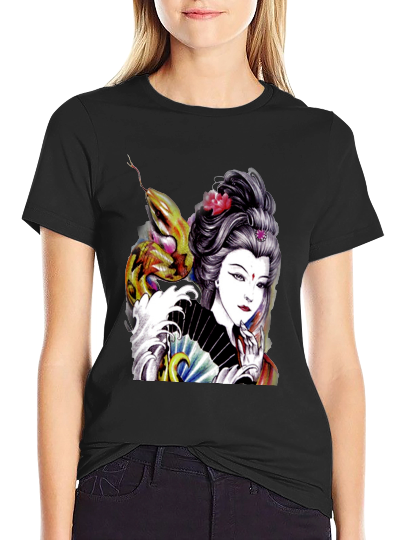 Black Geisha Snake Graphic Print Black T-Shirt view 2
