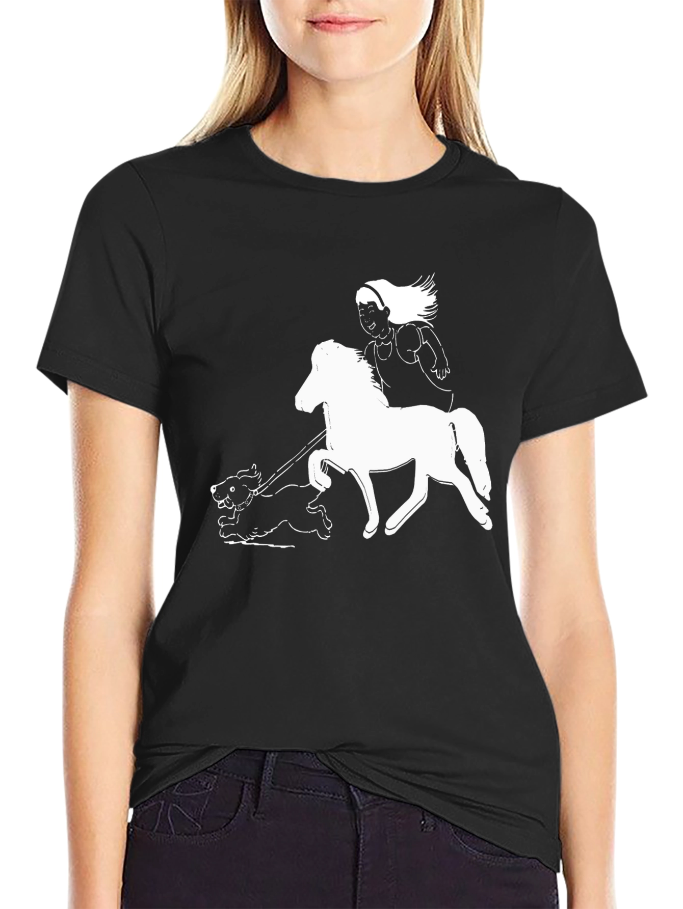 Black Horse & Dog Tee - Fun Graphic Print on Black Shirt view 2