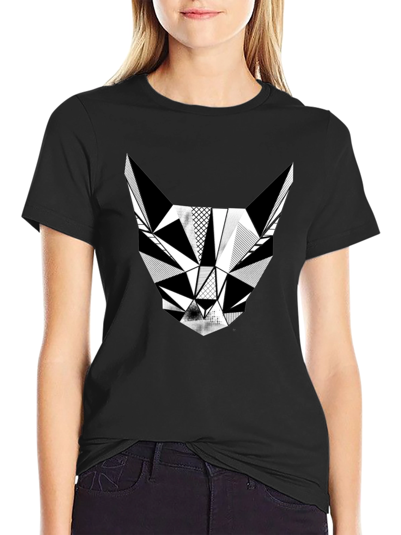Black Geometric Cat T-Shirt - Modern Graphic Tee view 2