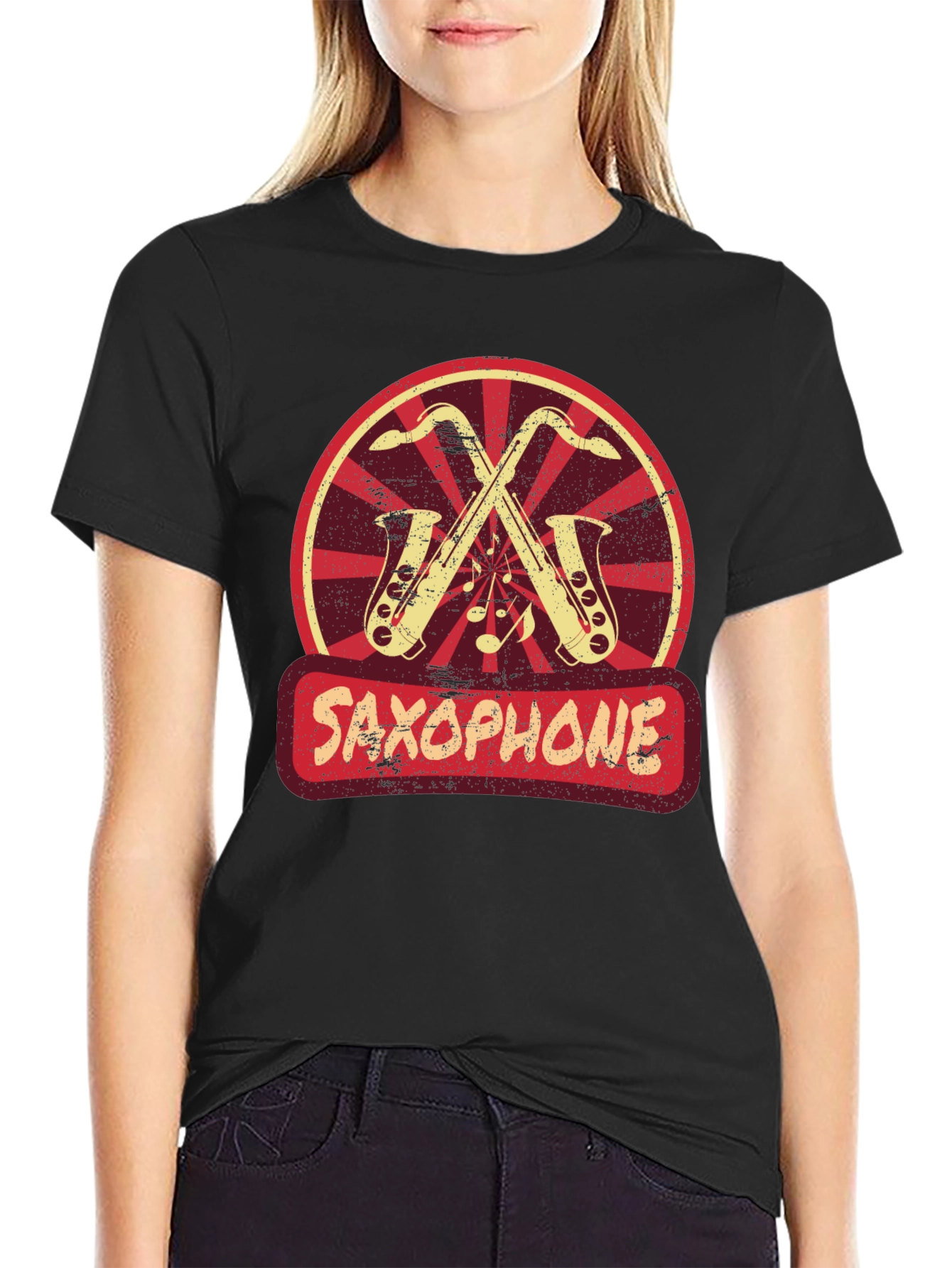 Black Saxophone Music T-Shirt Vintage Style view 2