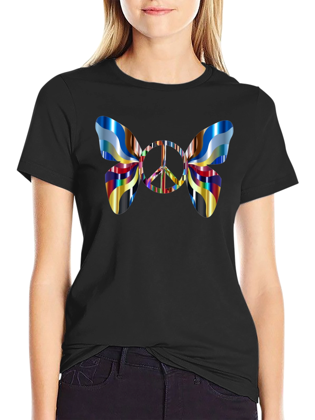 Black Peace Butterfly Graphic Tee - Stylish Men's Black T-Shirt view 2