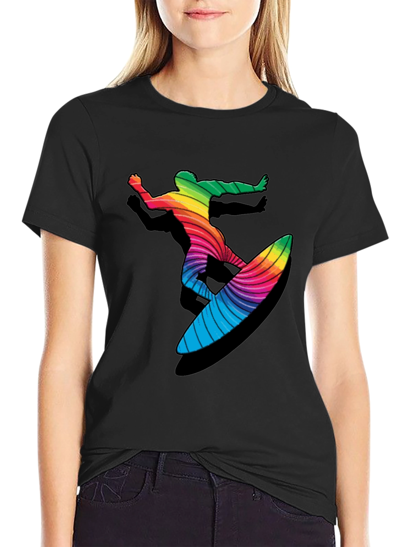 Black Rainbow Surfer Graphic Tee - Black Cotton T-Shirt view 2