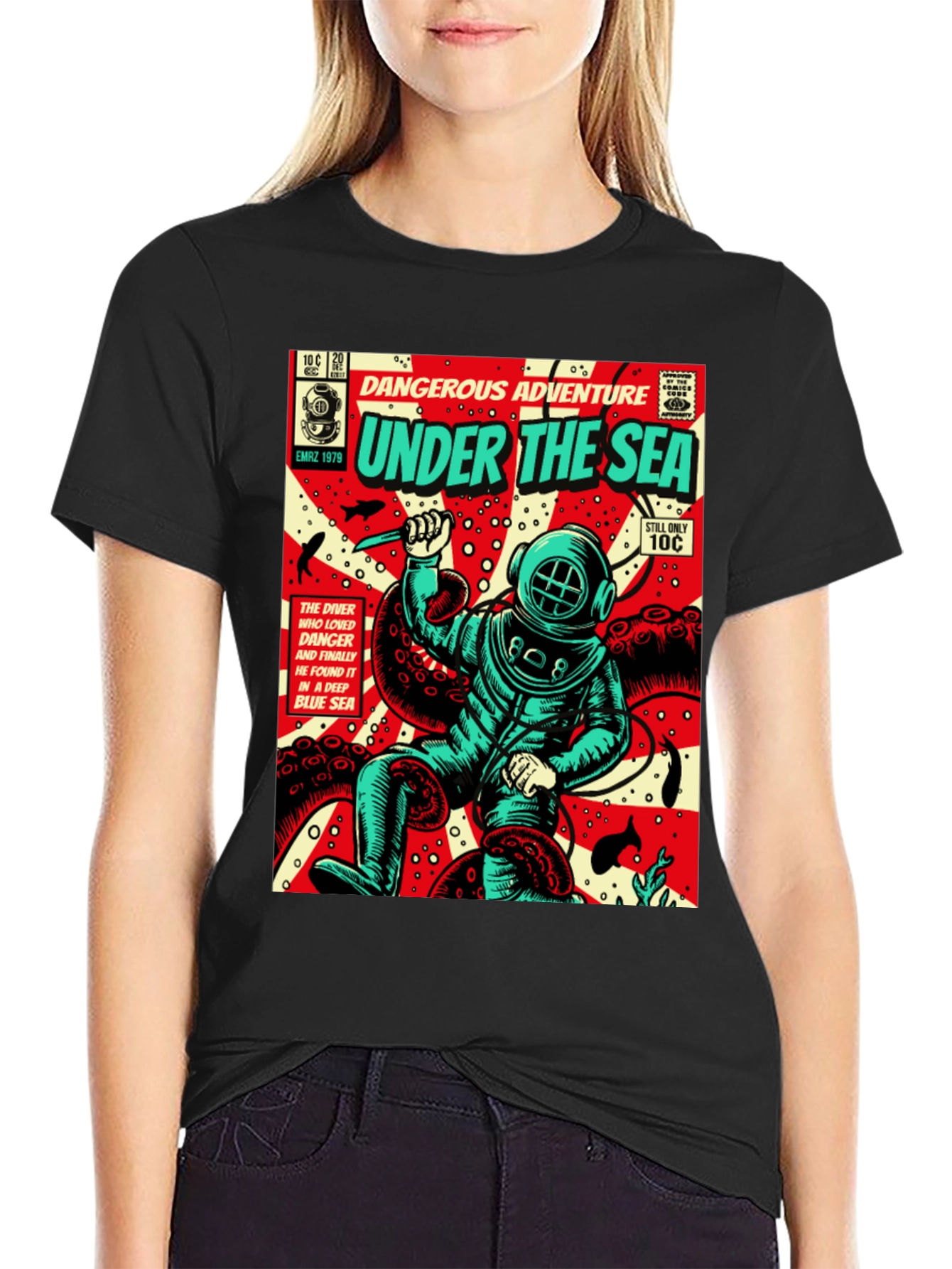 Black Under the Sea Comic Diver T-Shirt view 2