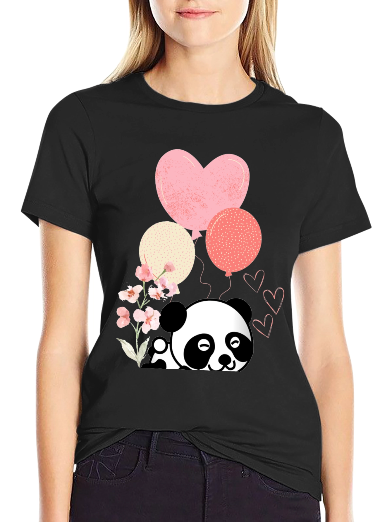 Black Cute Panda & Balloons Graphic Tee view 2