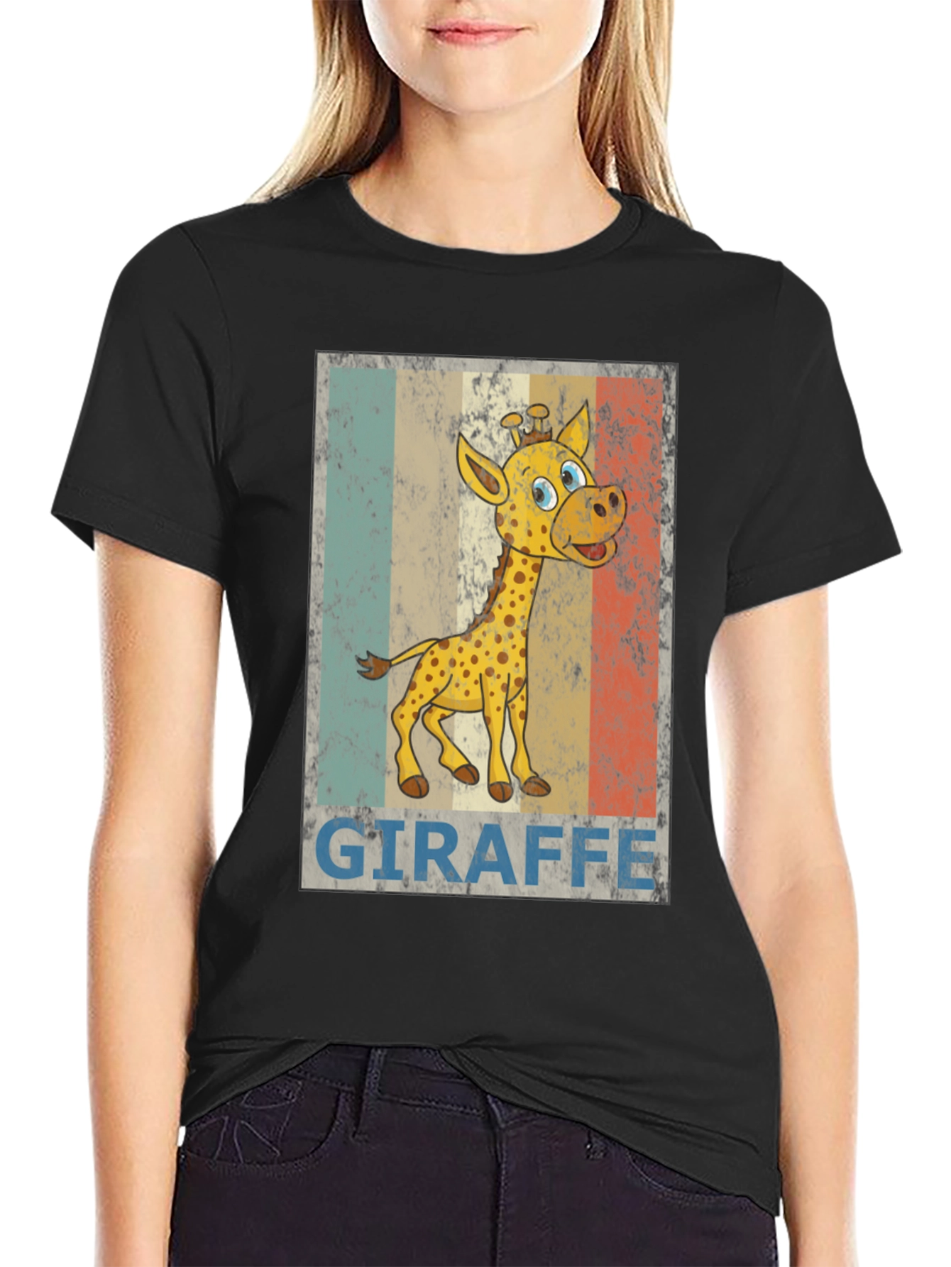 Black Giraffe Cartoon Print Black T-Shirt view 2