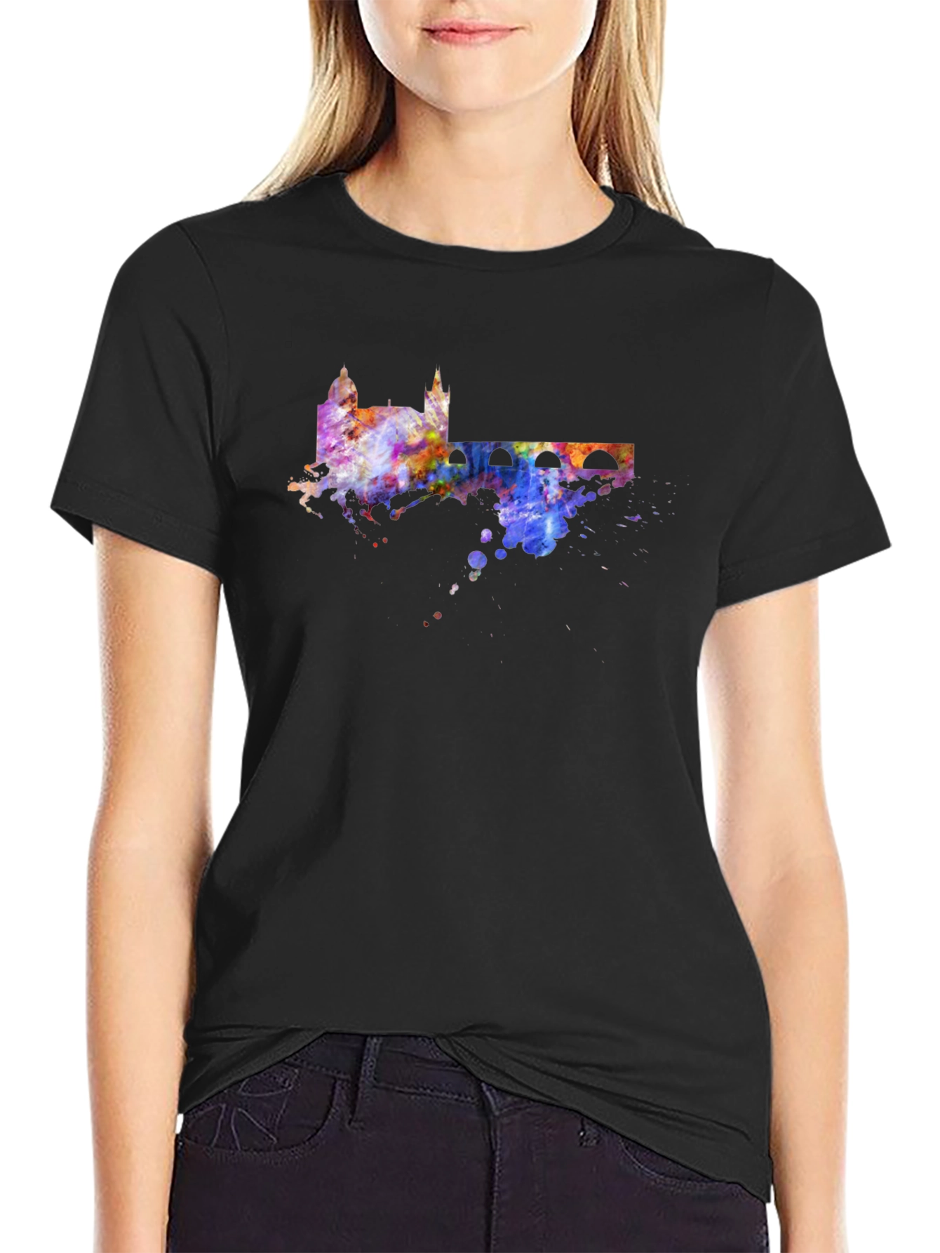 Black Watercolor Cityscape Black T-Shirt view 2