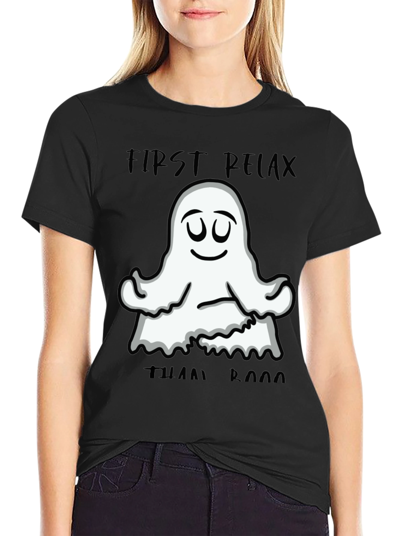 Black Relax Ghost Graphic T-Shirt - Halloween Yoga Tee view 2