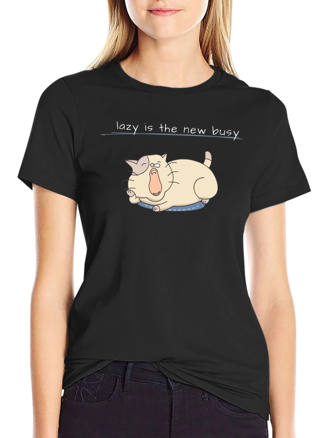 Black Lazy is the New Busy Tee - Funny Cat Graphic T-Shirt view 2