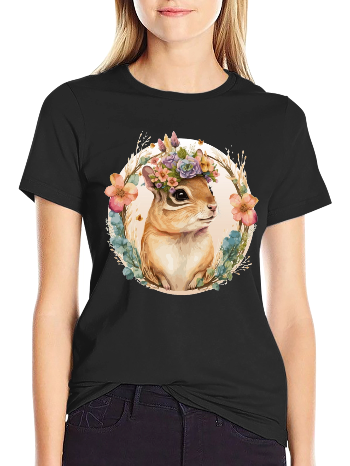 Black Floral Chipmunk Graphic Tee view 2