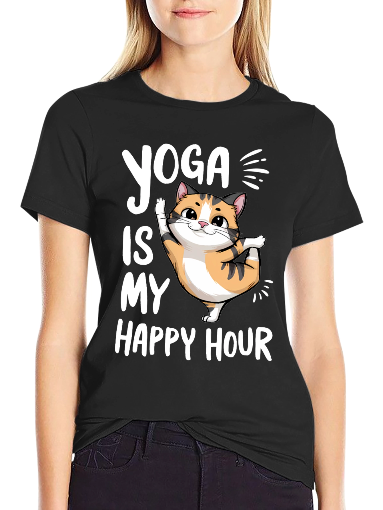 Black Yoga Cat T-Shirt - Happy Hour Tee view 2