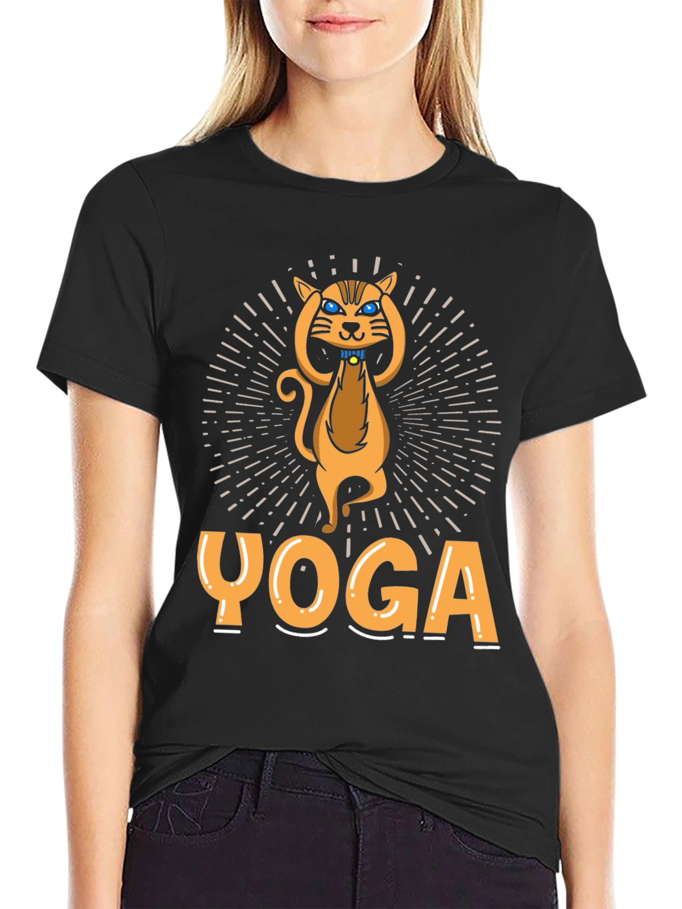 Black Yoga Cat Graphic T-Shirt - Unisex view 2